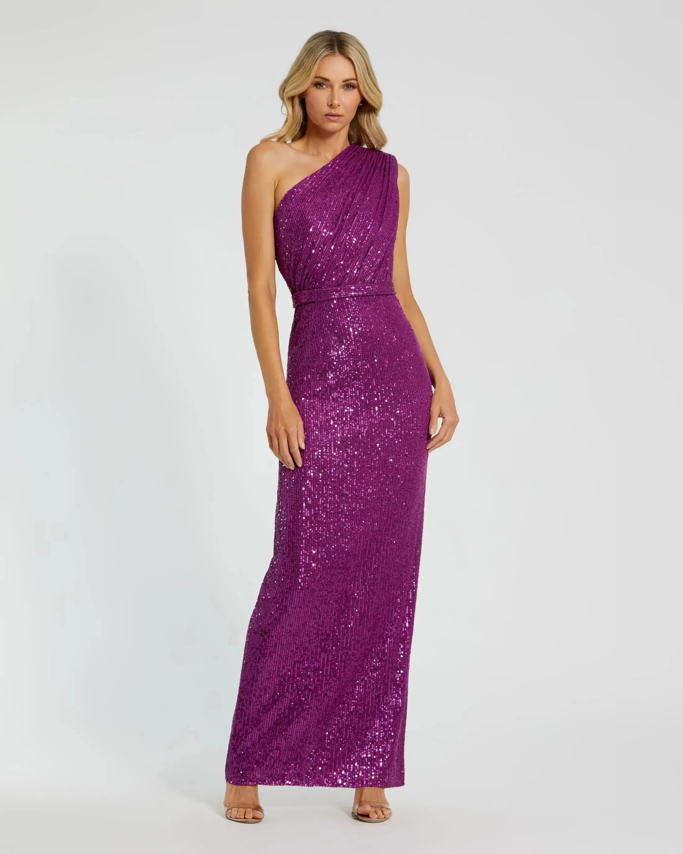 Dark Purple Sequined Ruched One Shoulder Gown - Ieena for Mac Duggal