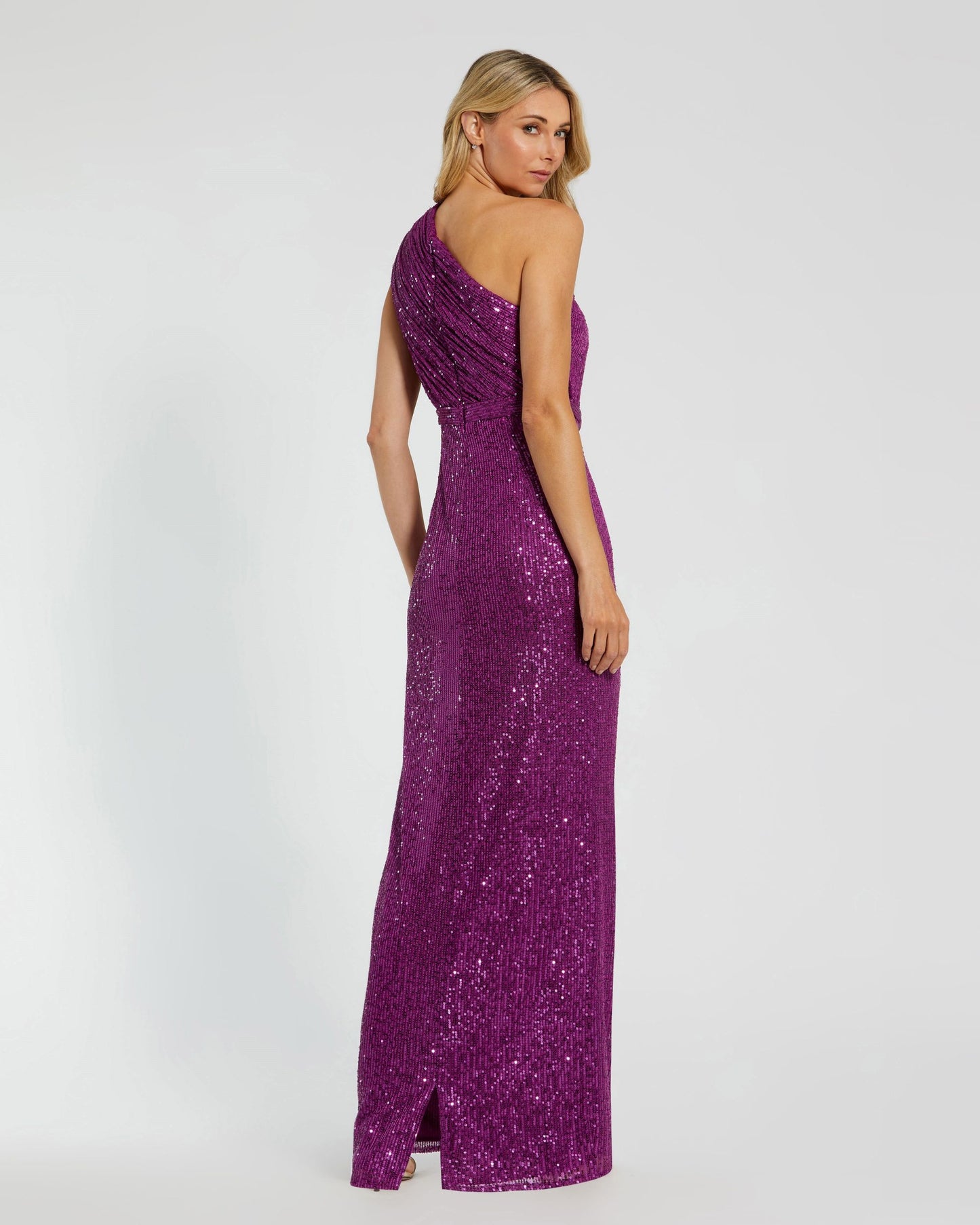 Sequined Ruched One Shoulder Gown