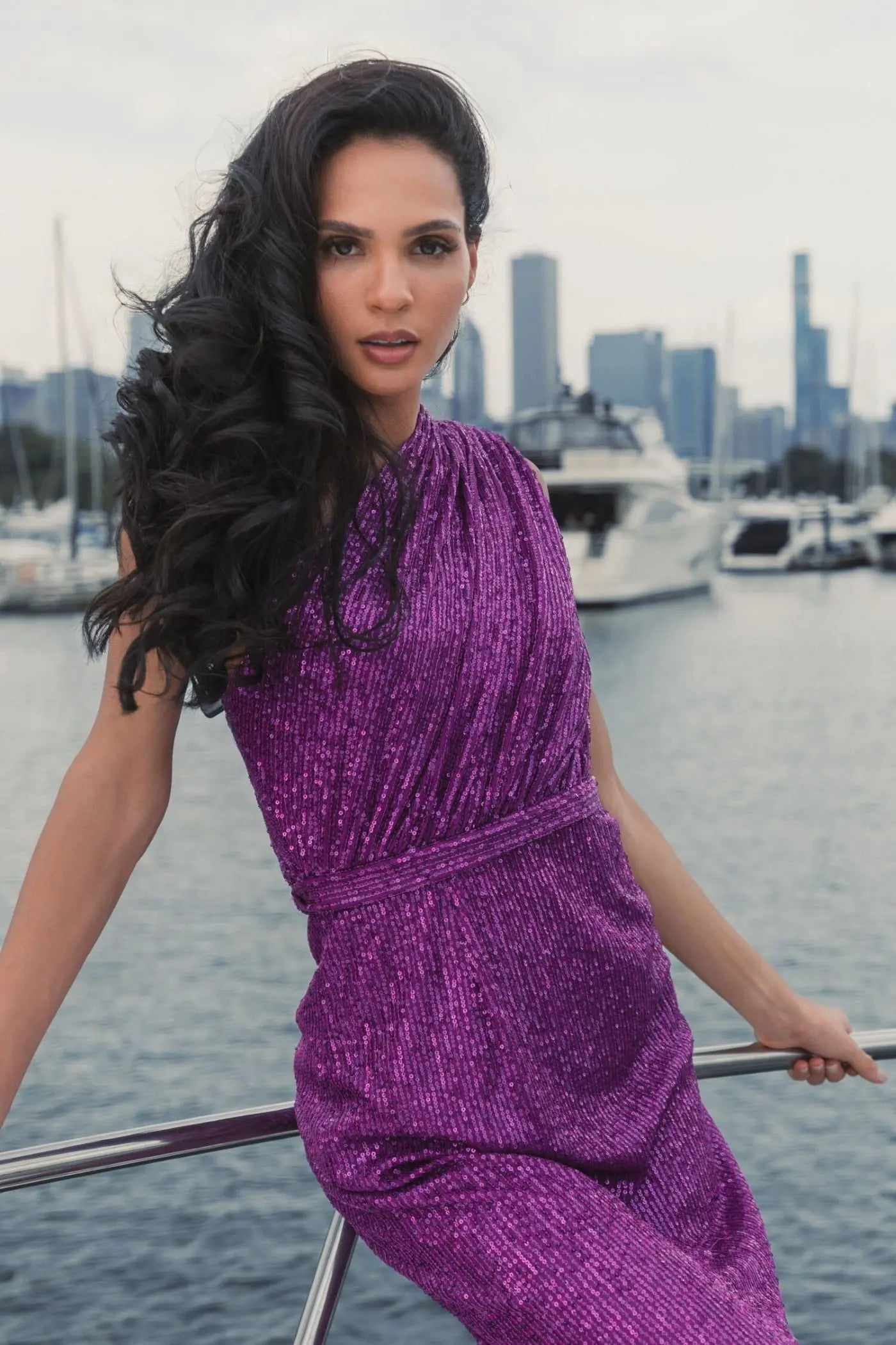 Dark Purple Sequined Ruched One Shoulder Gown - Ieena for Mac Duggal