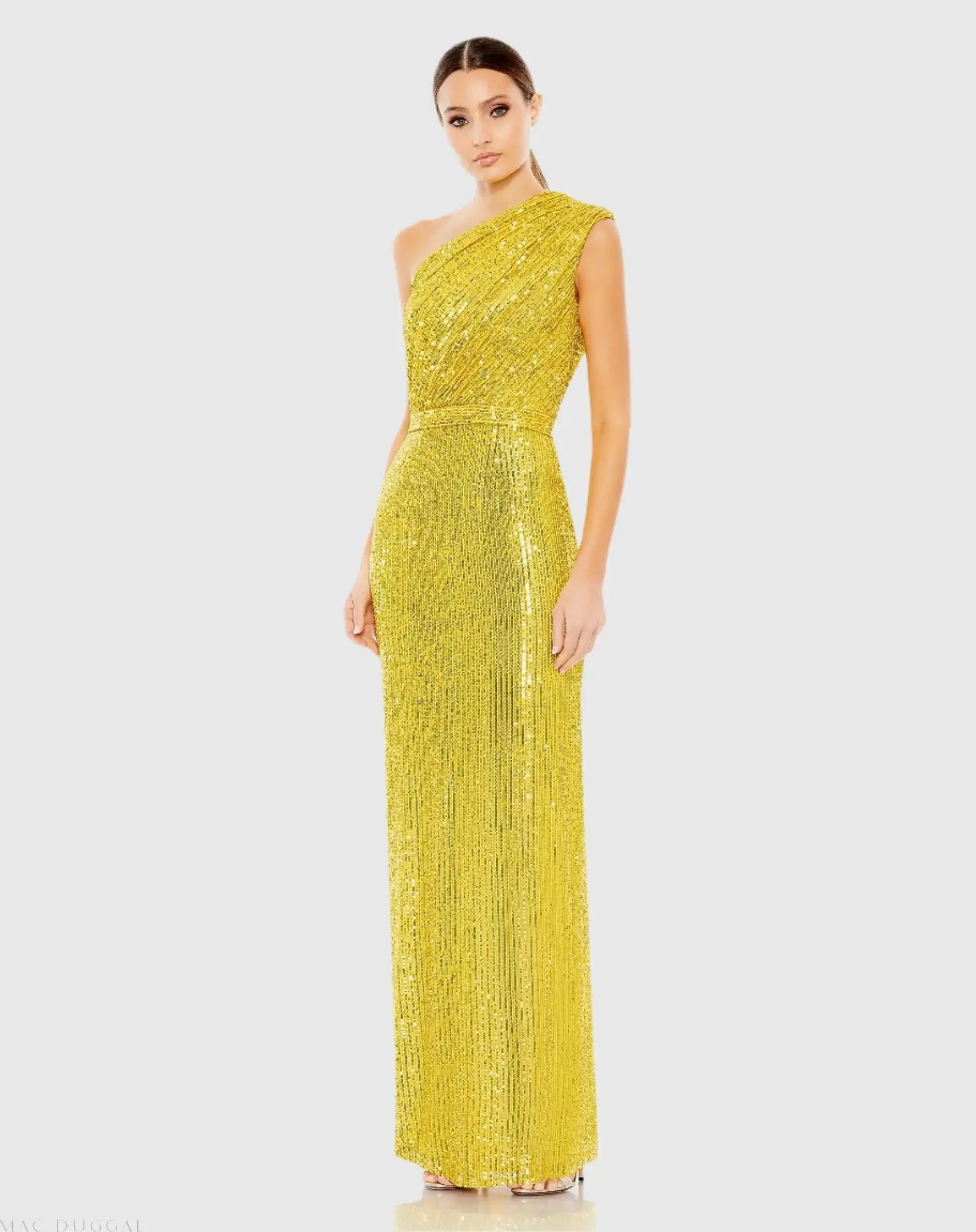 Yellow Sequined Ruched One Shoulder Gown - Ieena for Mac Duggal