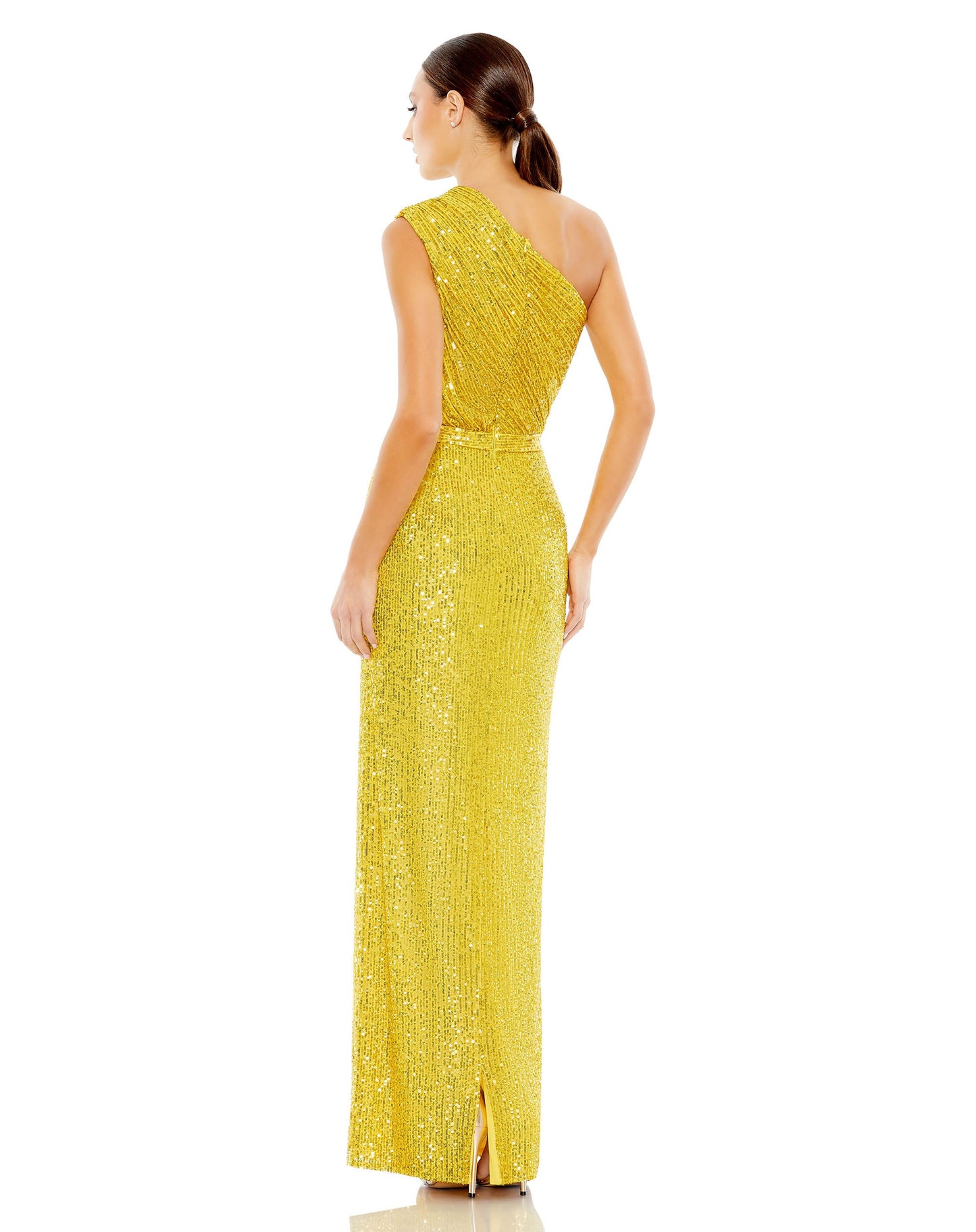 Yellow Sequined Ruched One Shoulder Gown