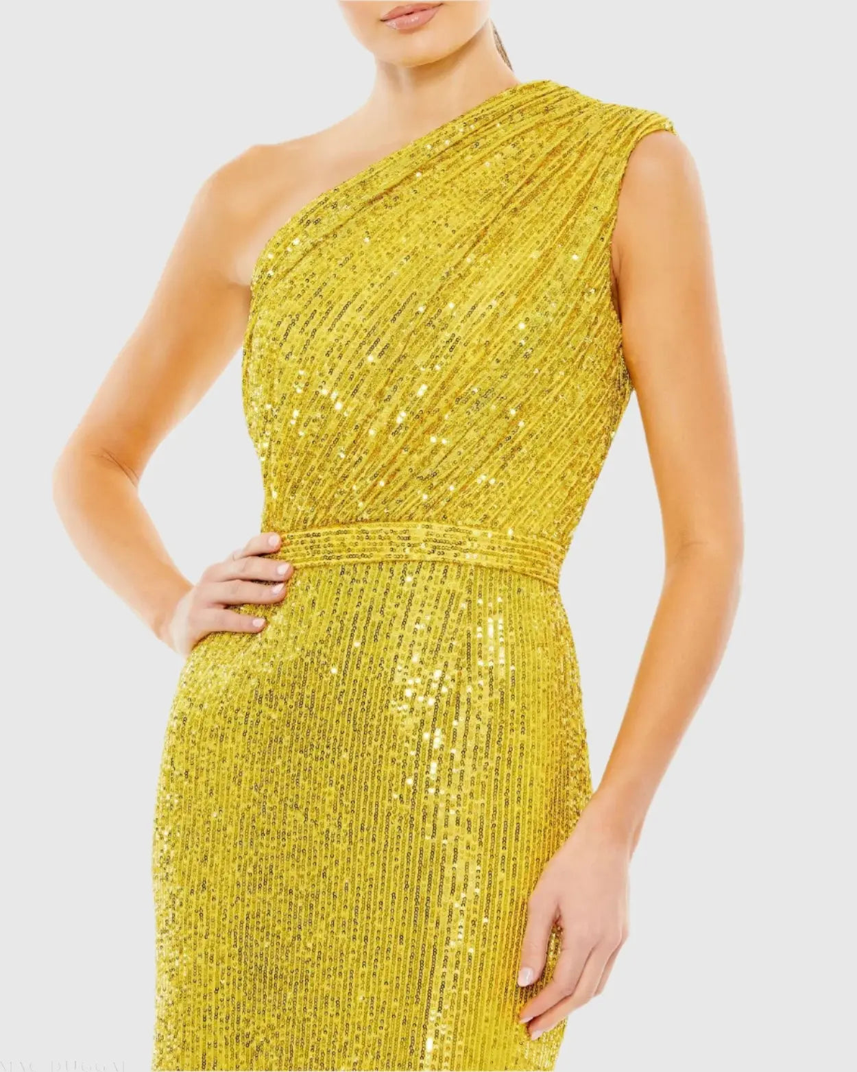 Yellow Sequined Ruched One Shoulder Gown - Ieena for Mac Duggal