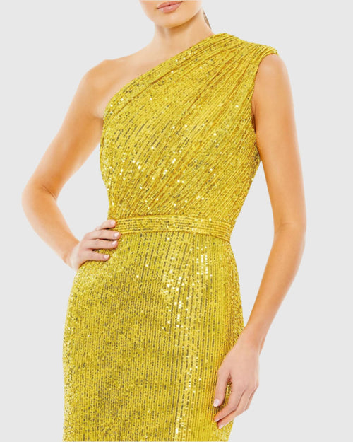 Yellow Sequined Ruched One Shoulder Gown