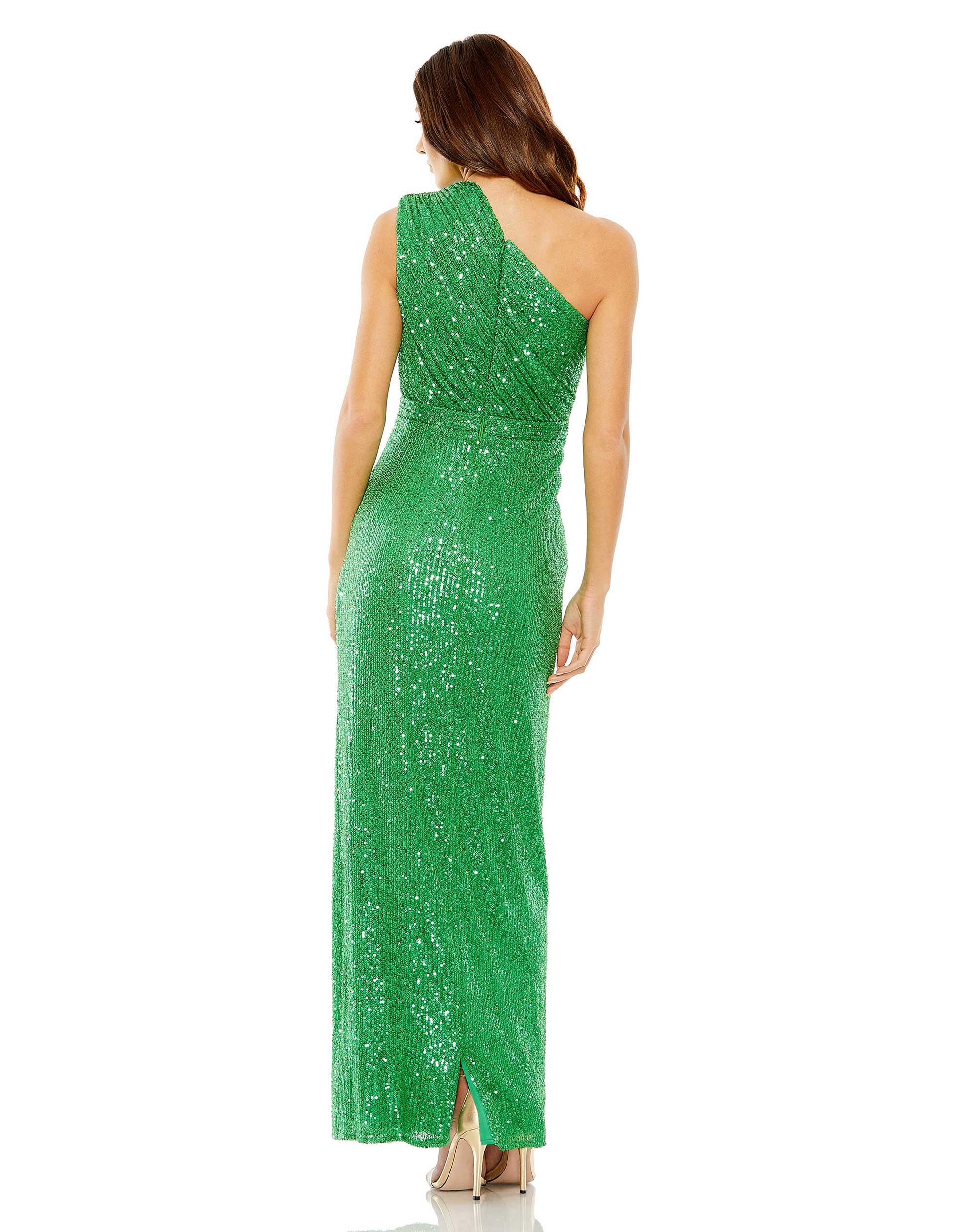 Sequined Ruched One Shoulder Gown