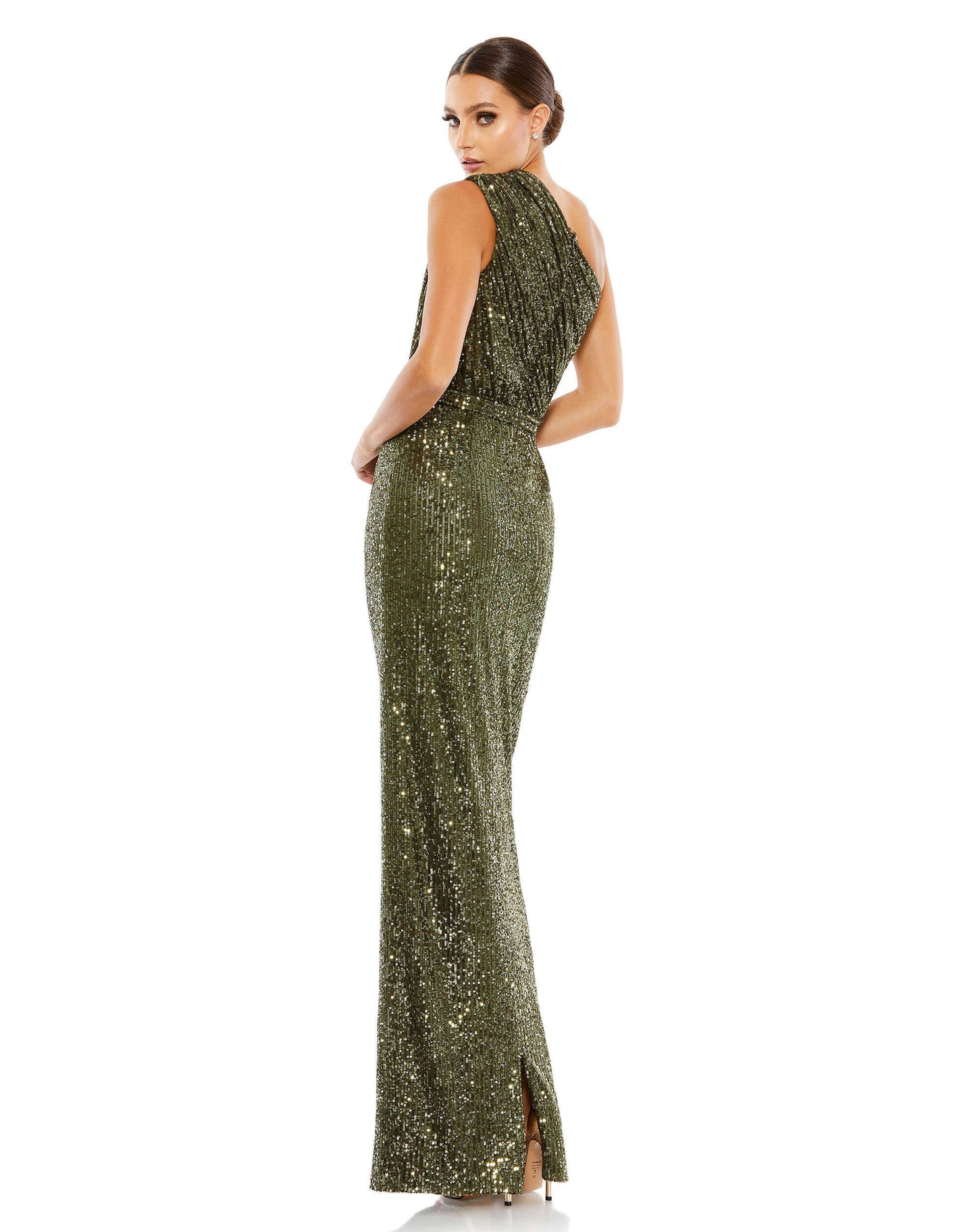 Dark Green Sequined Ruched One Shoulder Gown