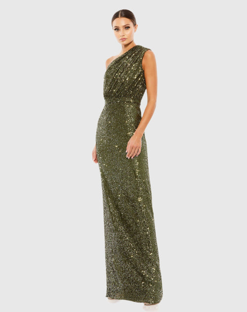 Sequined Ruched One Shoulder Gown