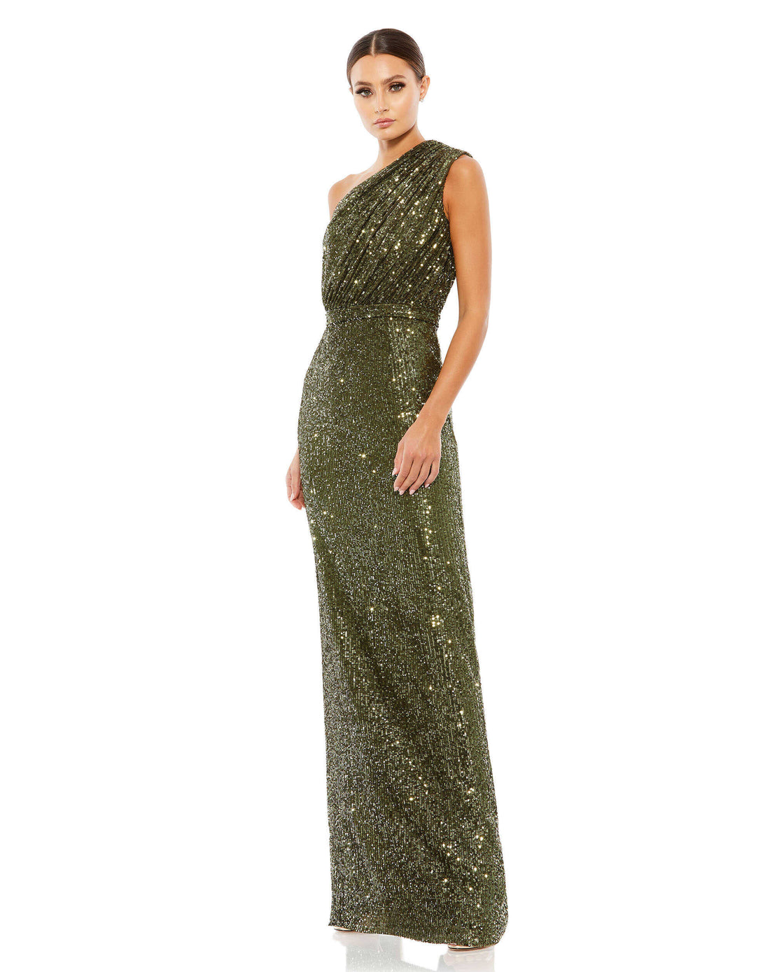 Sequined Ruched One Shoulder Gown