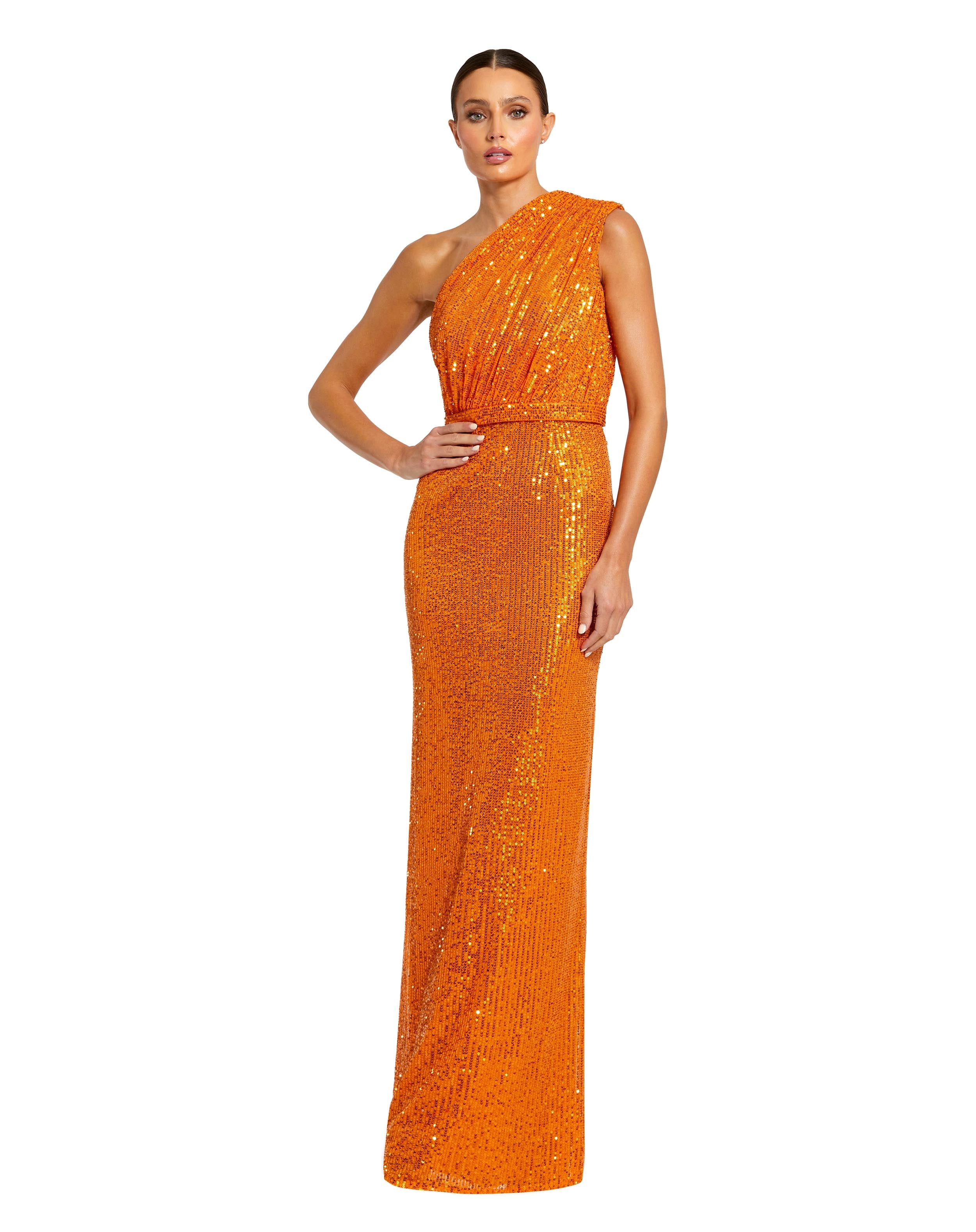 Sequined Ruched One Shoulder Gown