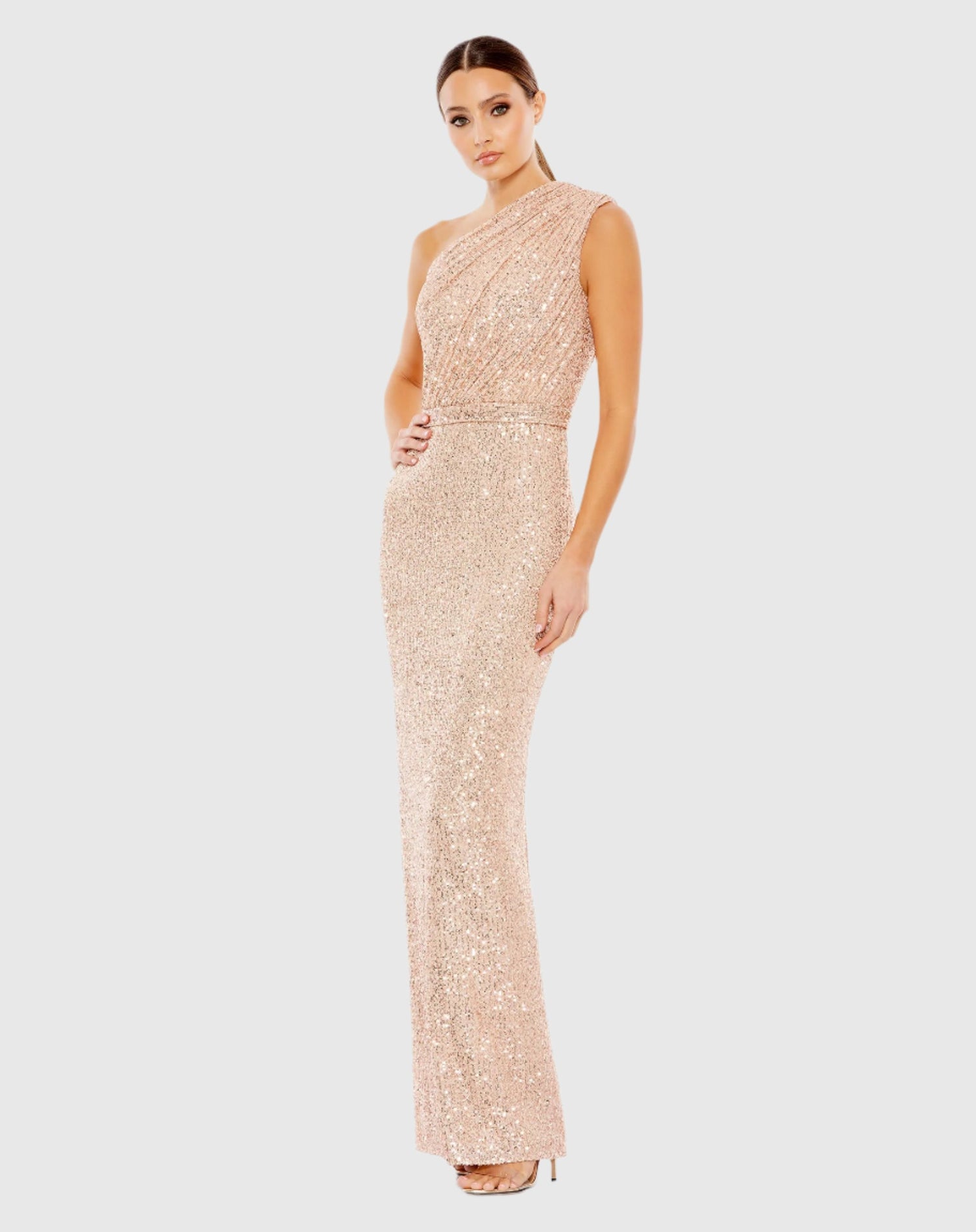 Sequined Ruched One Shoulder Gown