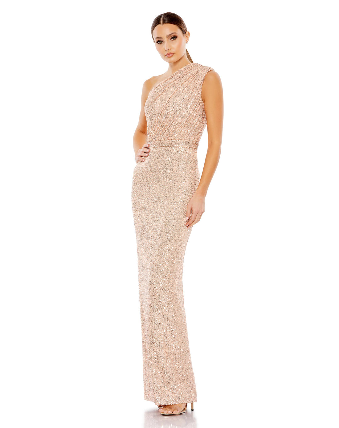 Sequined Ruched One Shoulder Gown