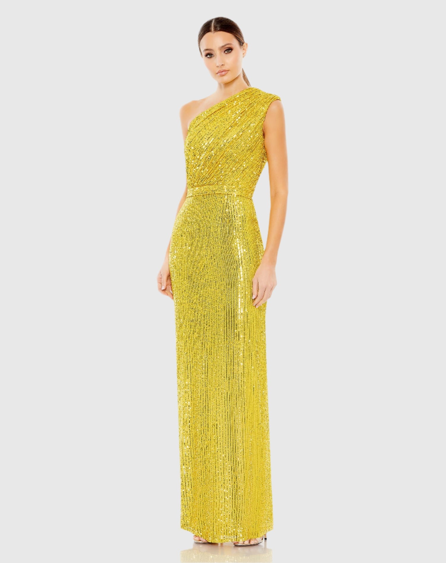 Sequined Ruched One Shoulder Gown