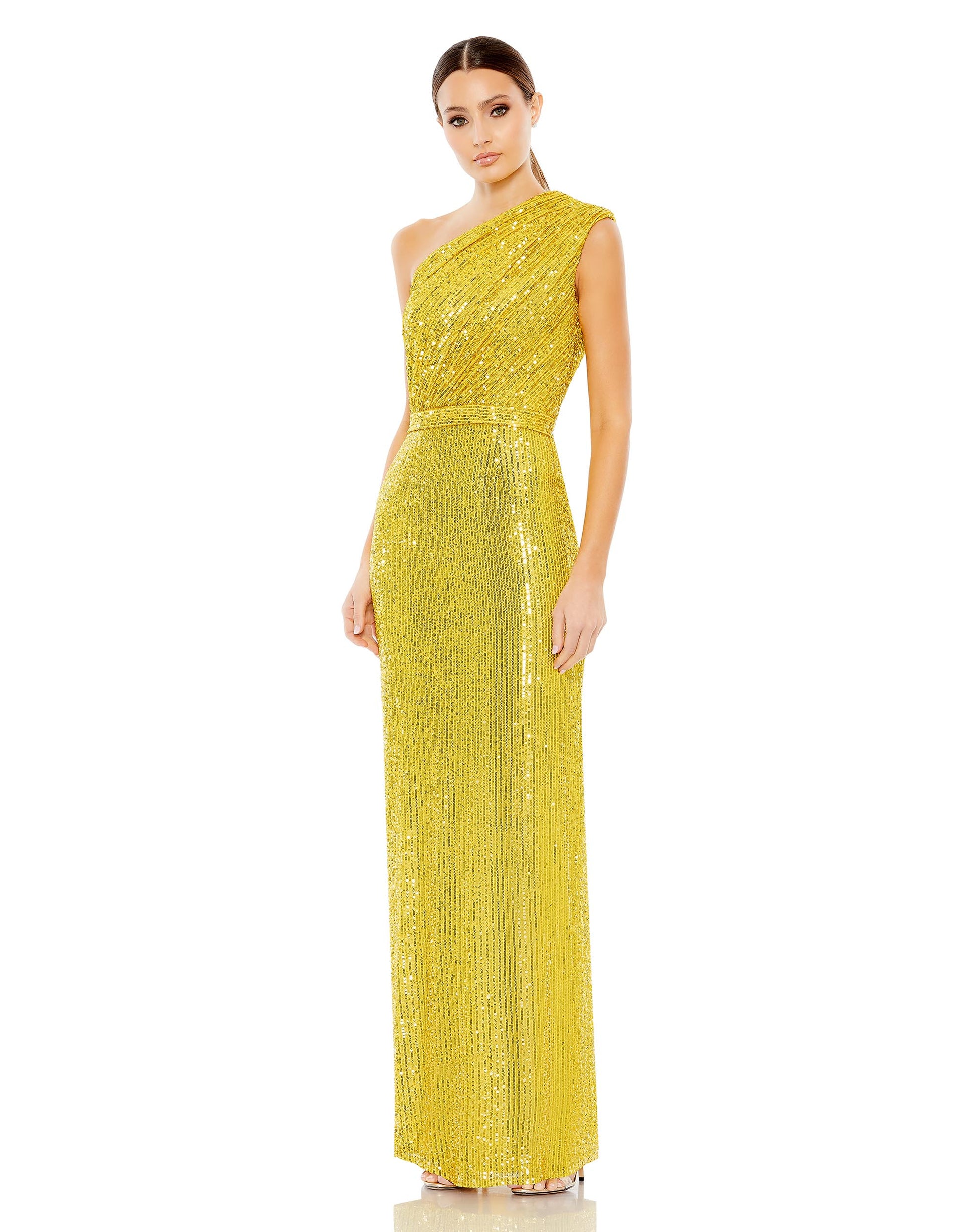 Sequined Ruched One Shoulder Gown