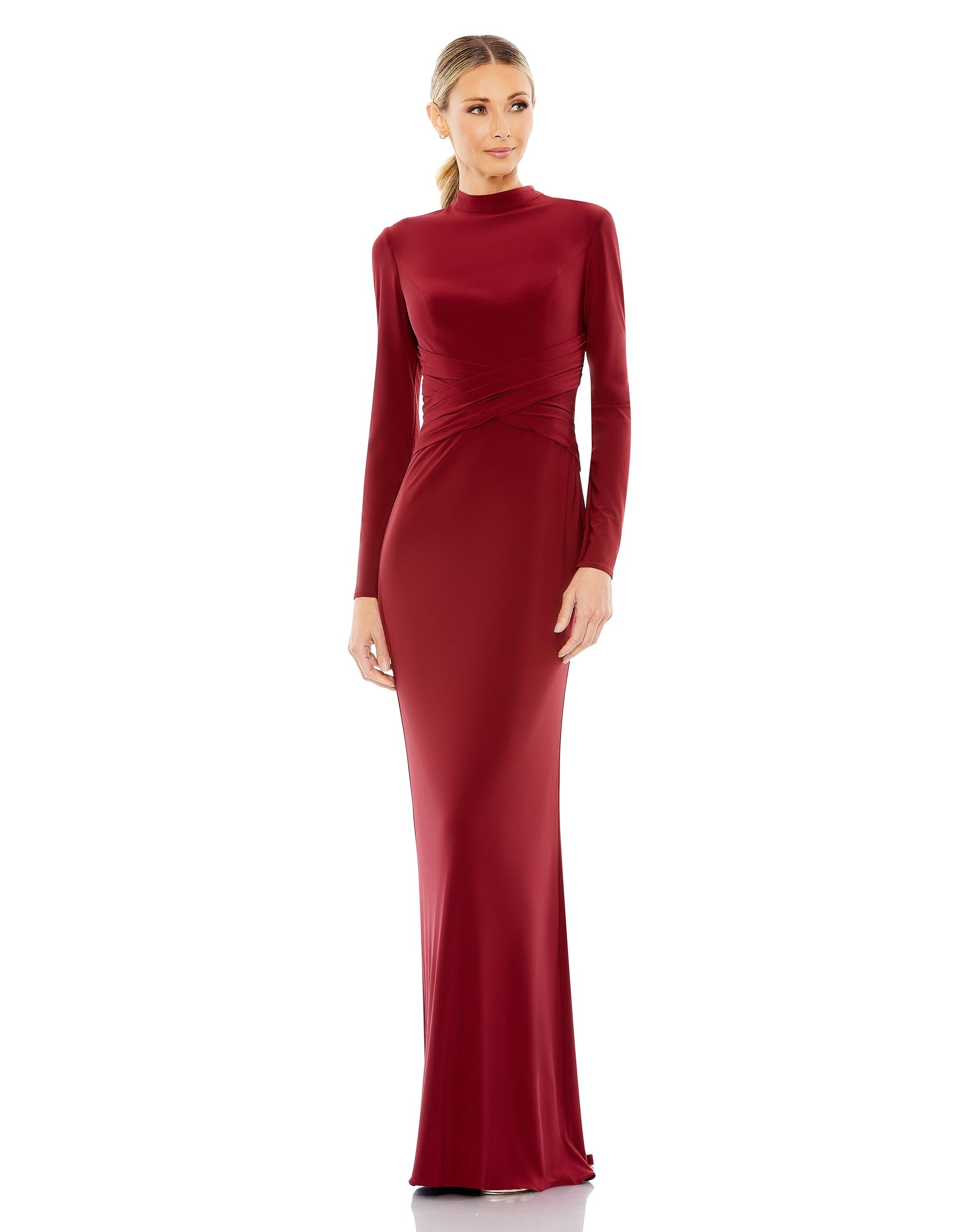 Long Sleeve High Neck Wrap Waist Jersey Gown | Sample | Sz. 2