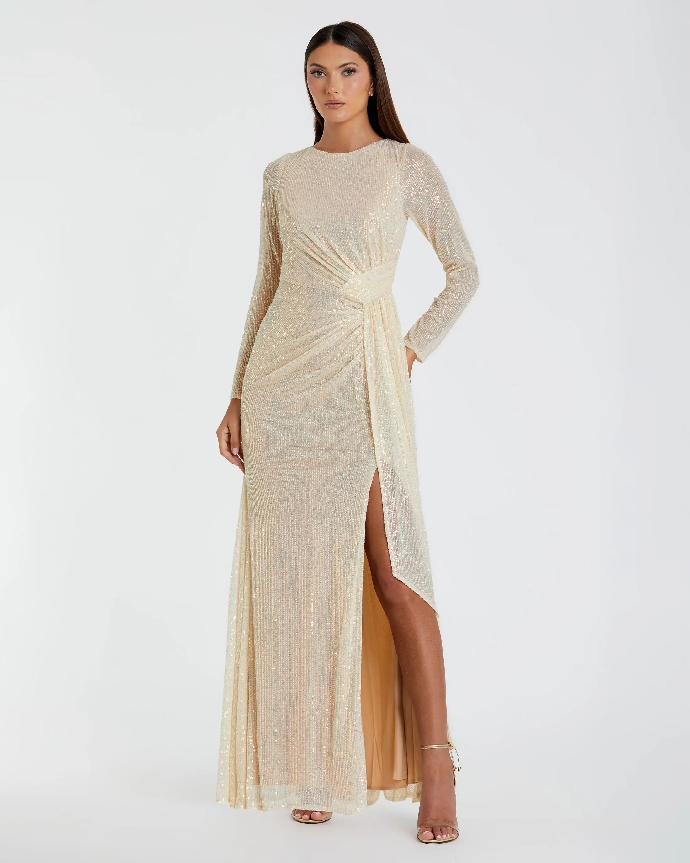 Beige Sequined Ruched Long Sleeve Boat Neck Gown - Ieena for Mac Duggal