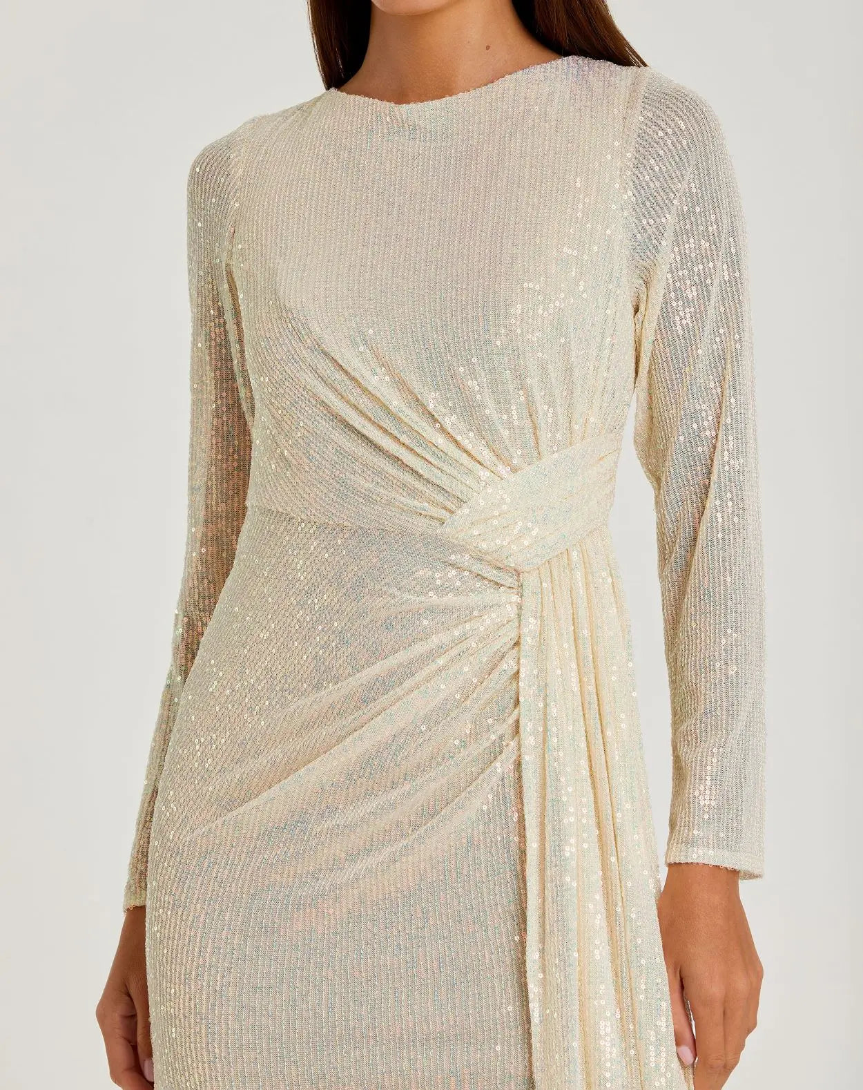 Beige Sequined Ruched Long Sleeve Boat Neck Gown - Ieena for Mac Duggal