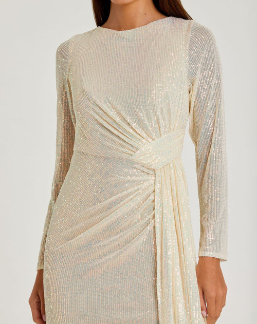 Sequined Ruched Long Sleeve Boat Neck Gown