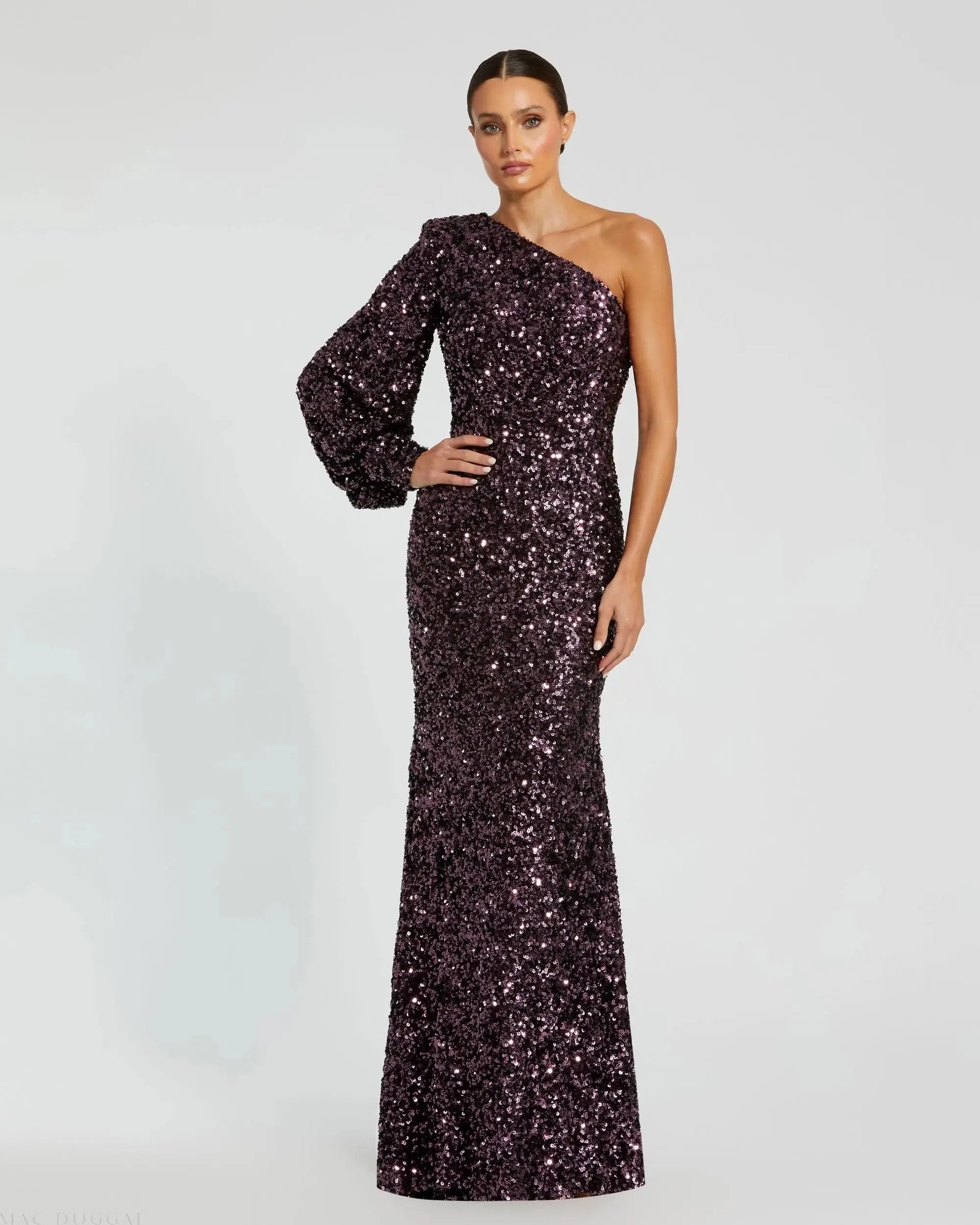 Purple Sequined One Shoulder Bishop Sleeve Trumpet Gown - Mac Duggal