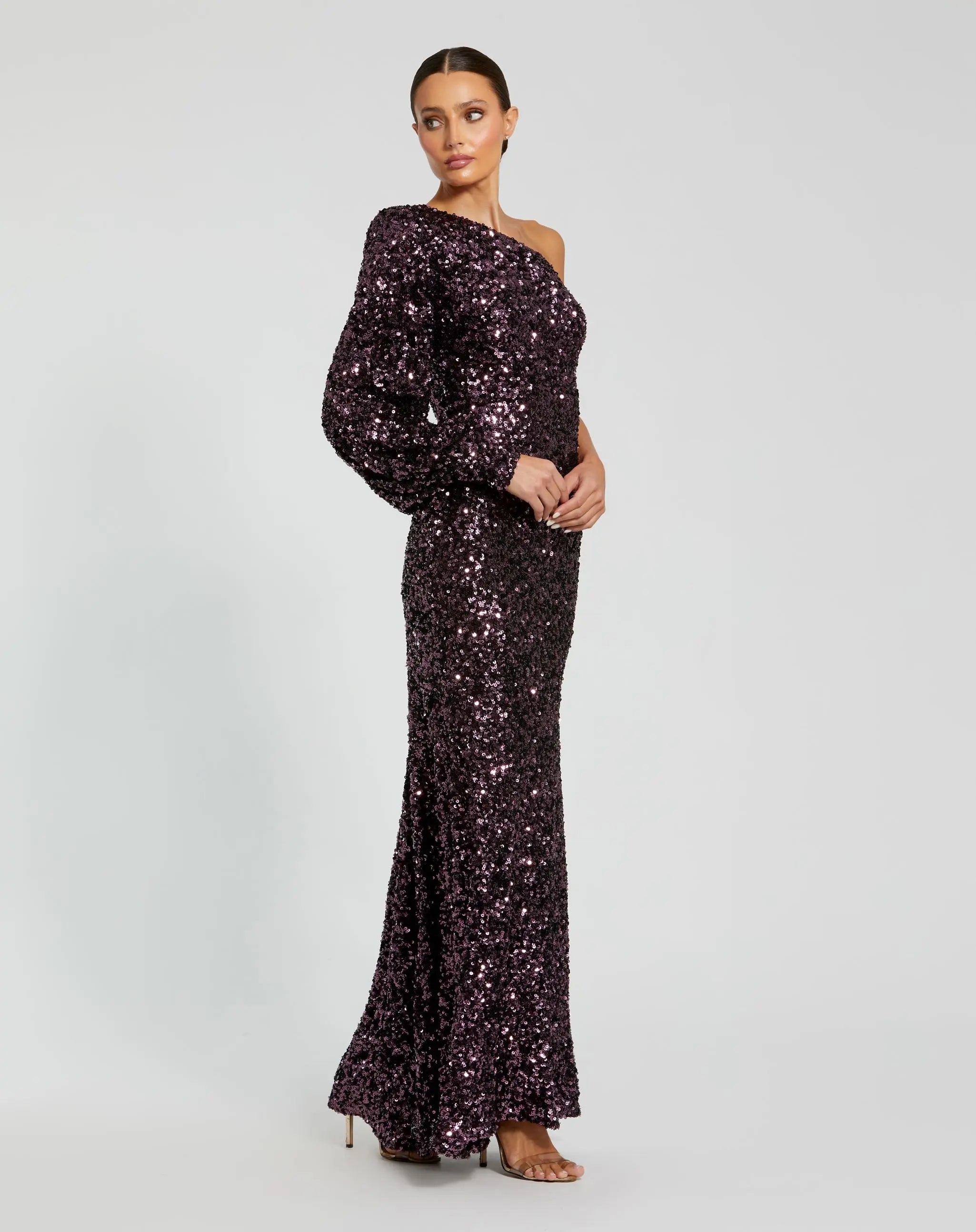 Purple Sequined One Shoulder Bishop Sleeve Trumpet Gown - Mac Duggal