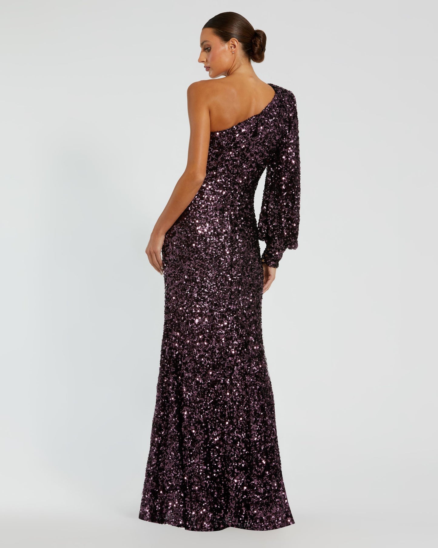 Sequined One Shoulder Bishop Sleeve Trumpet Gown