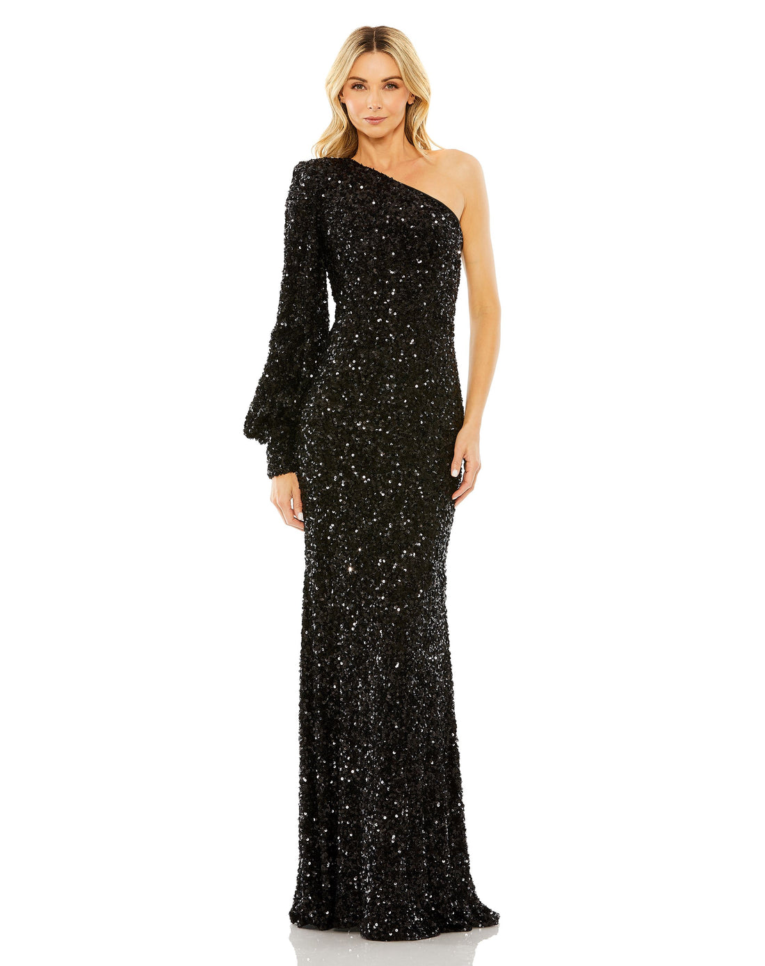 Sequined One Shoulder Bishop Sleeve Trumpet Gown