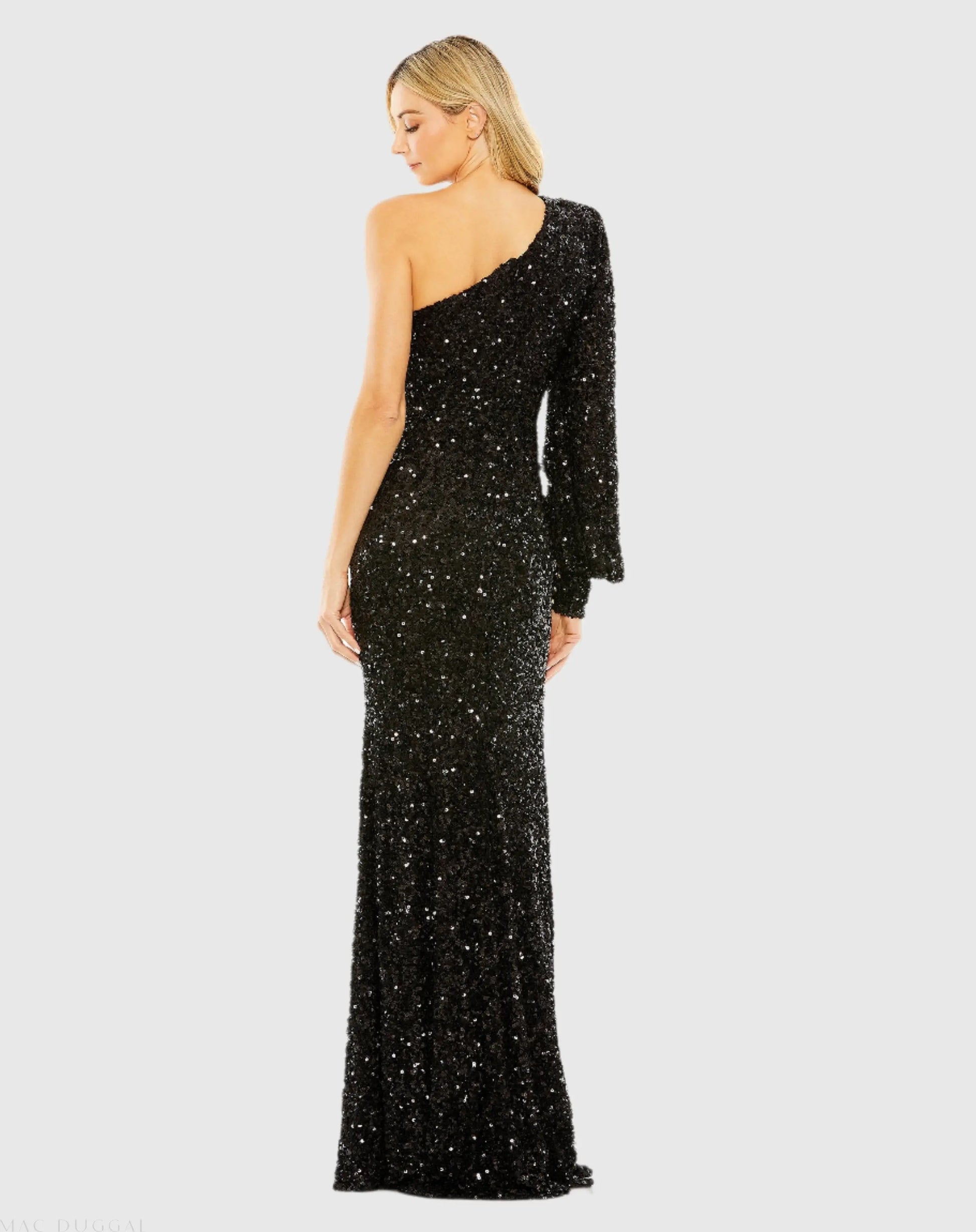 Ieena for Mac Duggal - Black Sequined One Shoulder Bishop Sleeve Trumpet Gown - US 6 Ieena for Mac Duggal - Black Sequined One Shoulder Bishop Sleeve Trumpet Gown - US 6