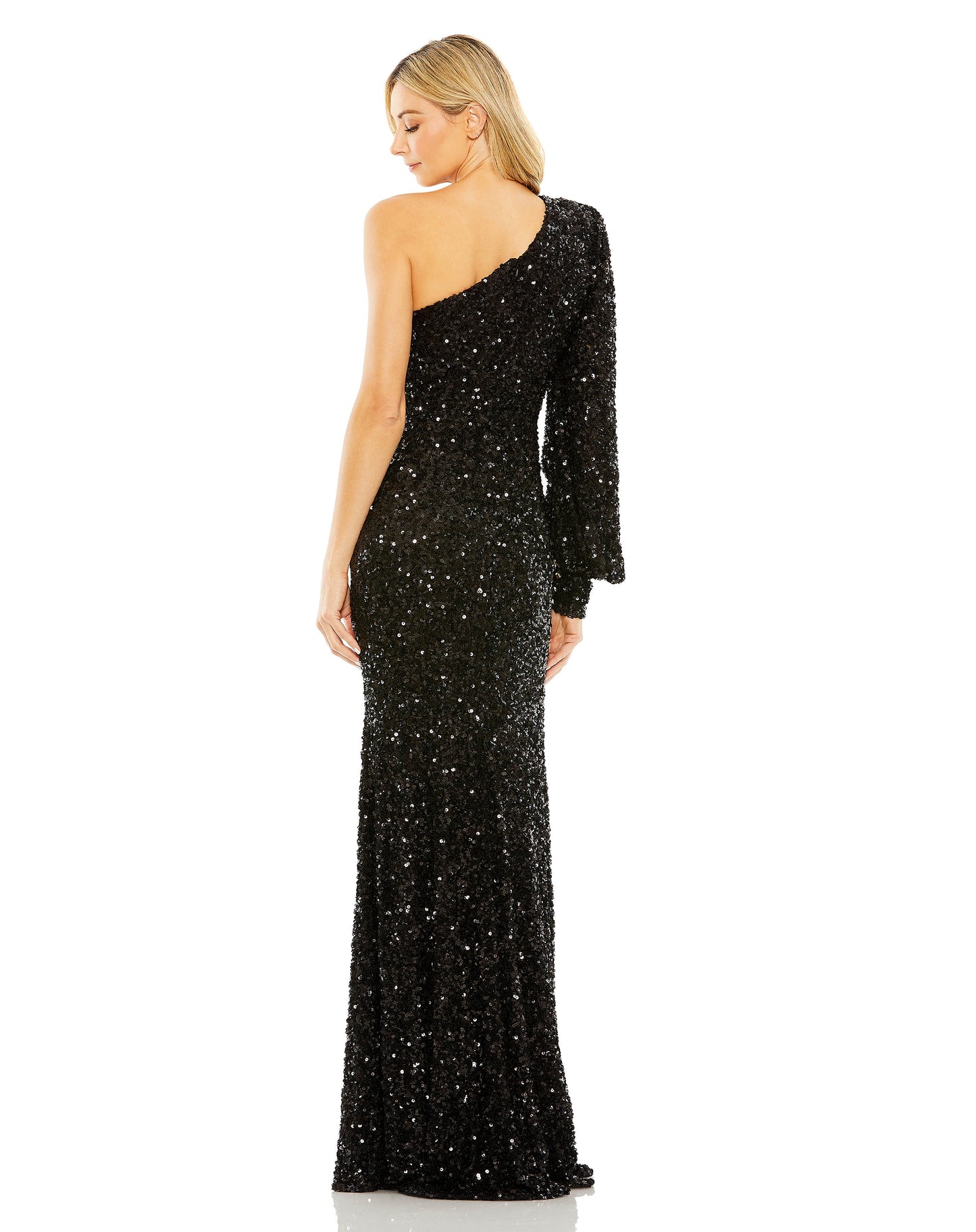 Sequined One Shoulder Bishop Sleeve Trumpet Gown