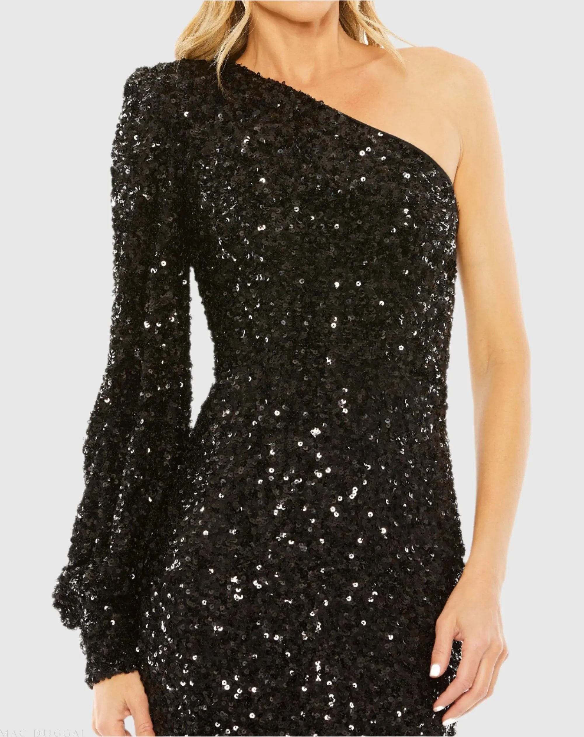 Black Sequined One Shoulder Bishop Sleeve Trumpet Gown - Mac Duggal