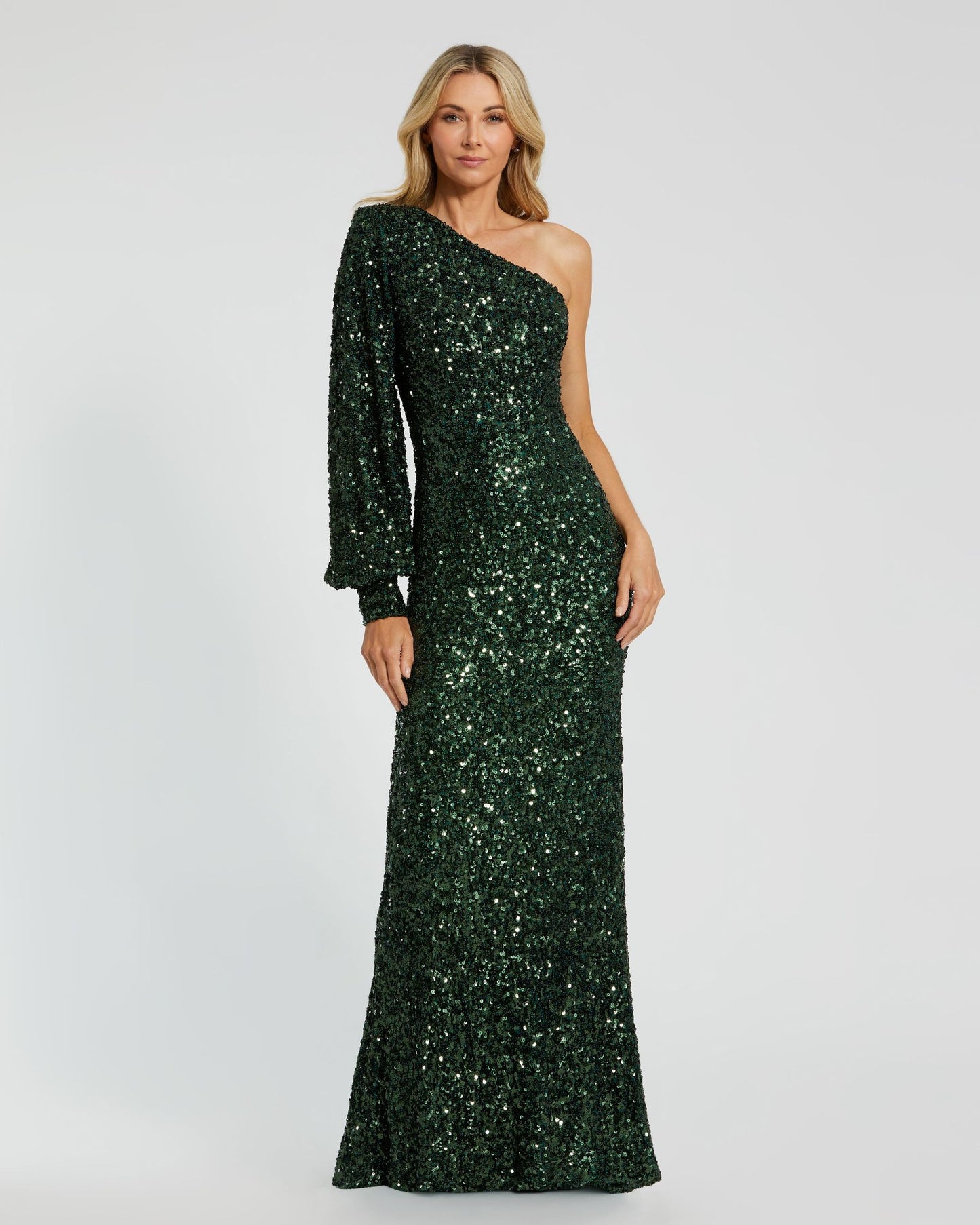 Dark Green Sequined One Shoulder Bishop Sleeve Trumpet Gown Ieena for Mac Duggal
