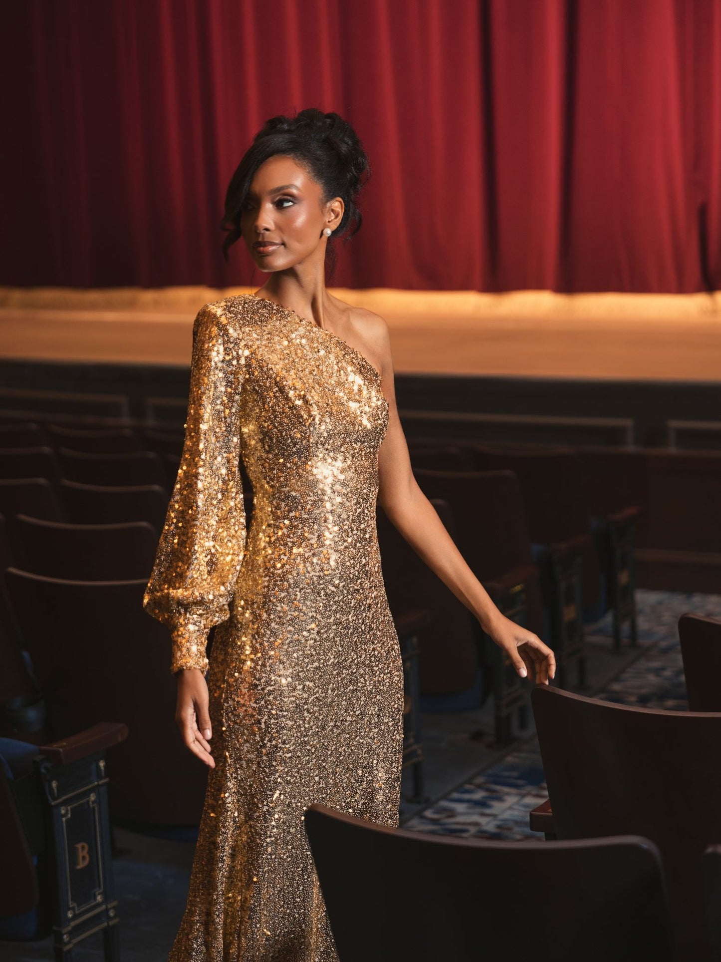 Gold Sequined One Shoulder Bishop Sleeve Trumpet Gown