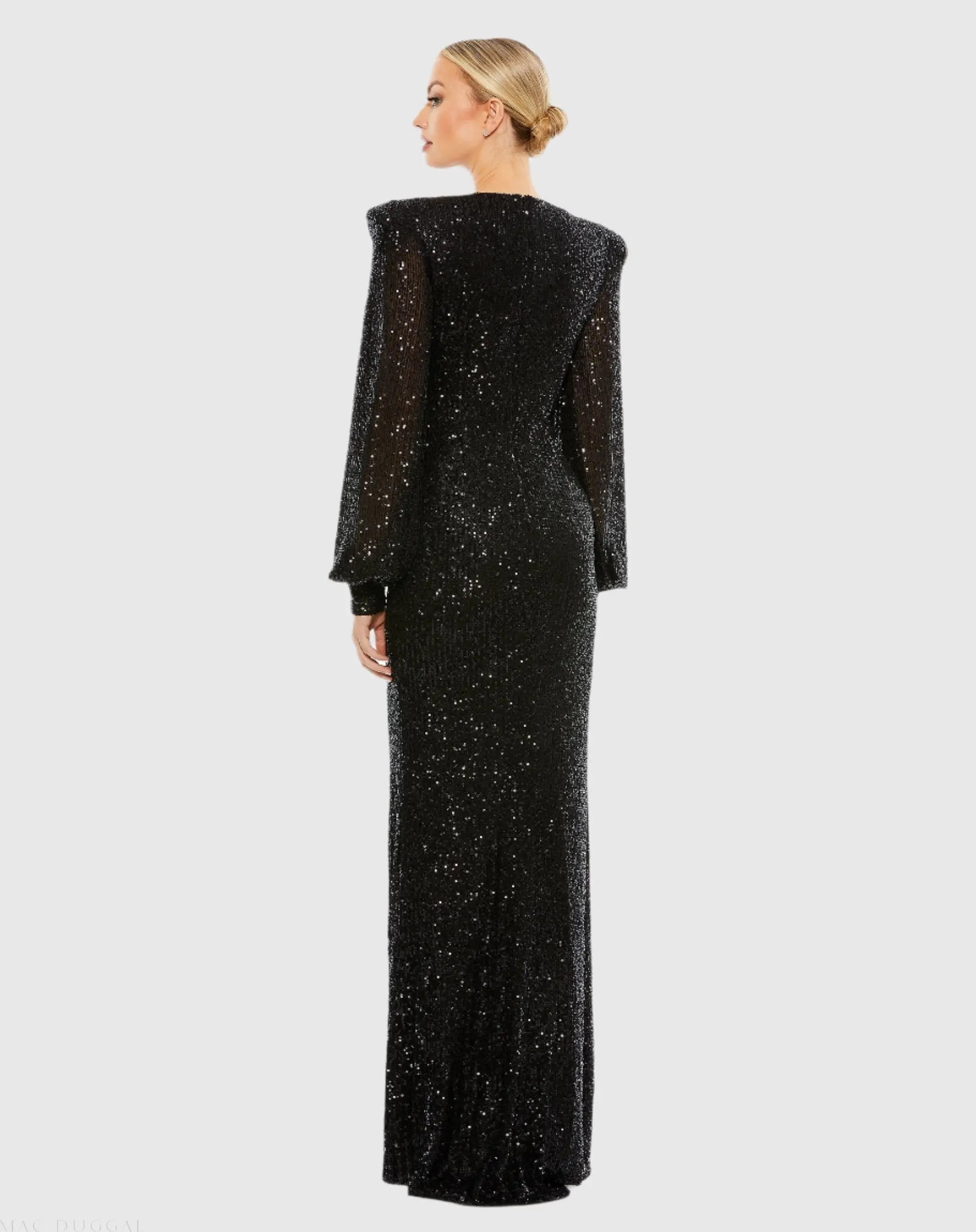 Black Sequined Plunge Neck Structured Bishop Sleeve Gown - Mac Duggal