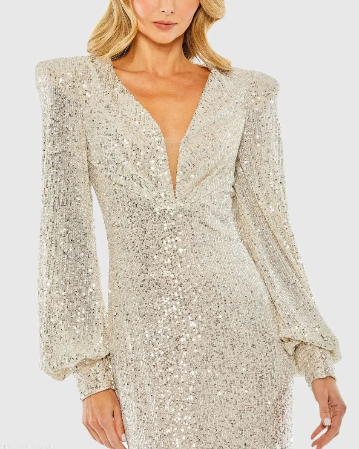 Silver Sequined Plunge Neck Structured Bishop Sleeve Gown - Mac Duggal
