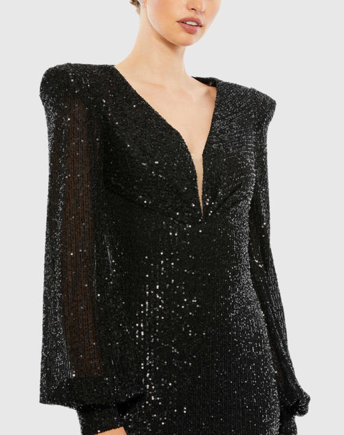 Sequined Plunge Neck Structured Bishop Sleeve Gown