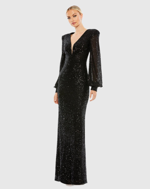 Sequined Plunge Neck Structured Bishop Sleeve Gown