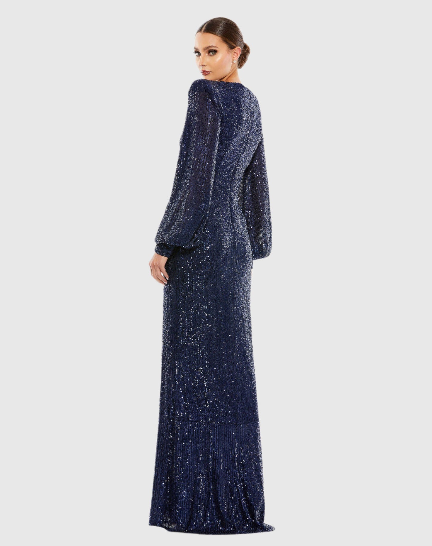 Sequined Plunge Neck Structured Bishop Sleeve Gown