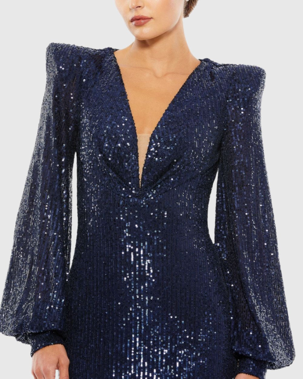 Sequined Plunge Neck Structured Bishop Sleeve Gown