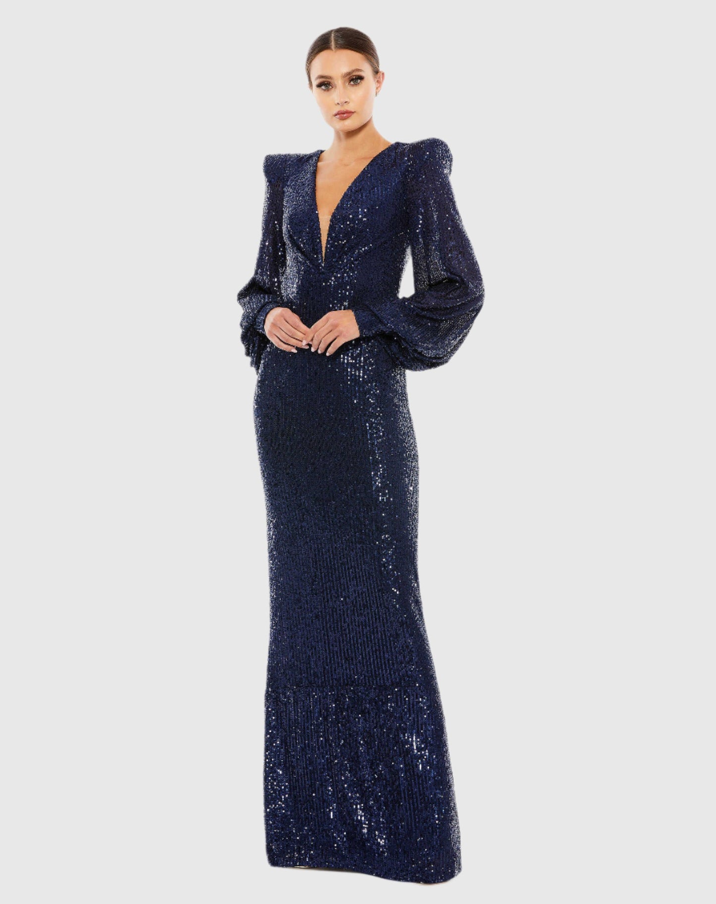 Sequined Plunge Neck Structured Bishop Sleeve Gown