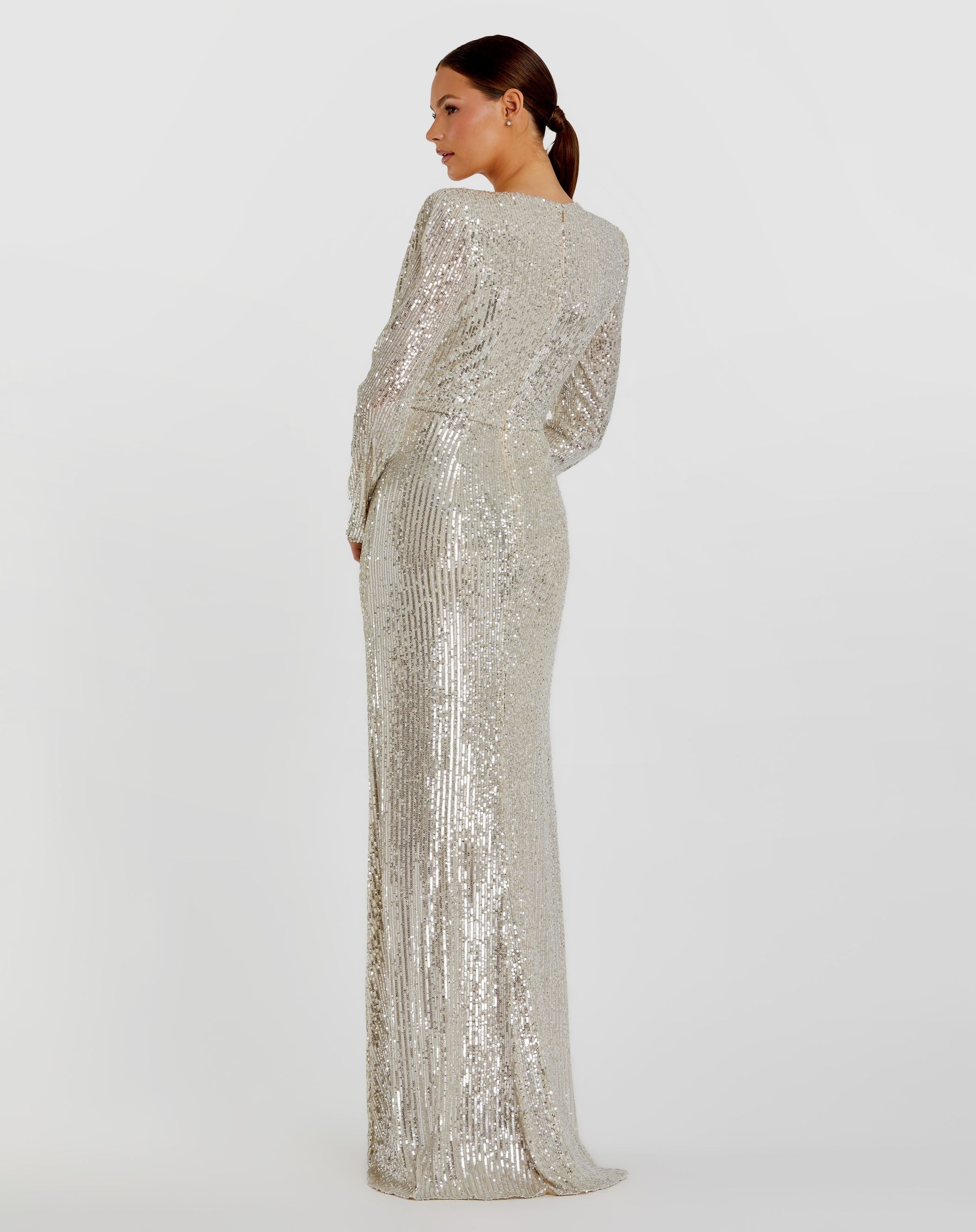 Silver Sequined Long Sleeve Faux Wrap Ruched Gown - Mac Duggal