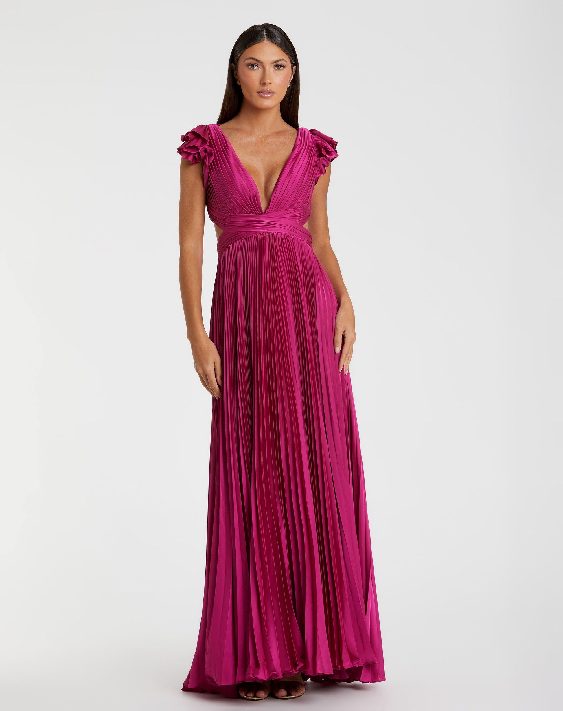 Pleated Ruffled Cap Sleeve Cut Out Lace Up Gown