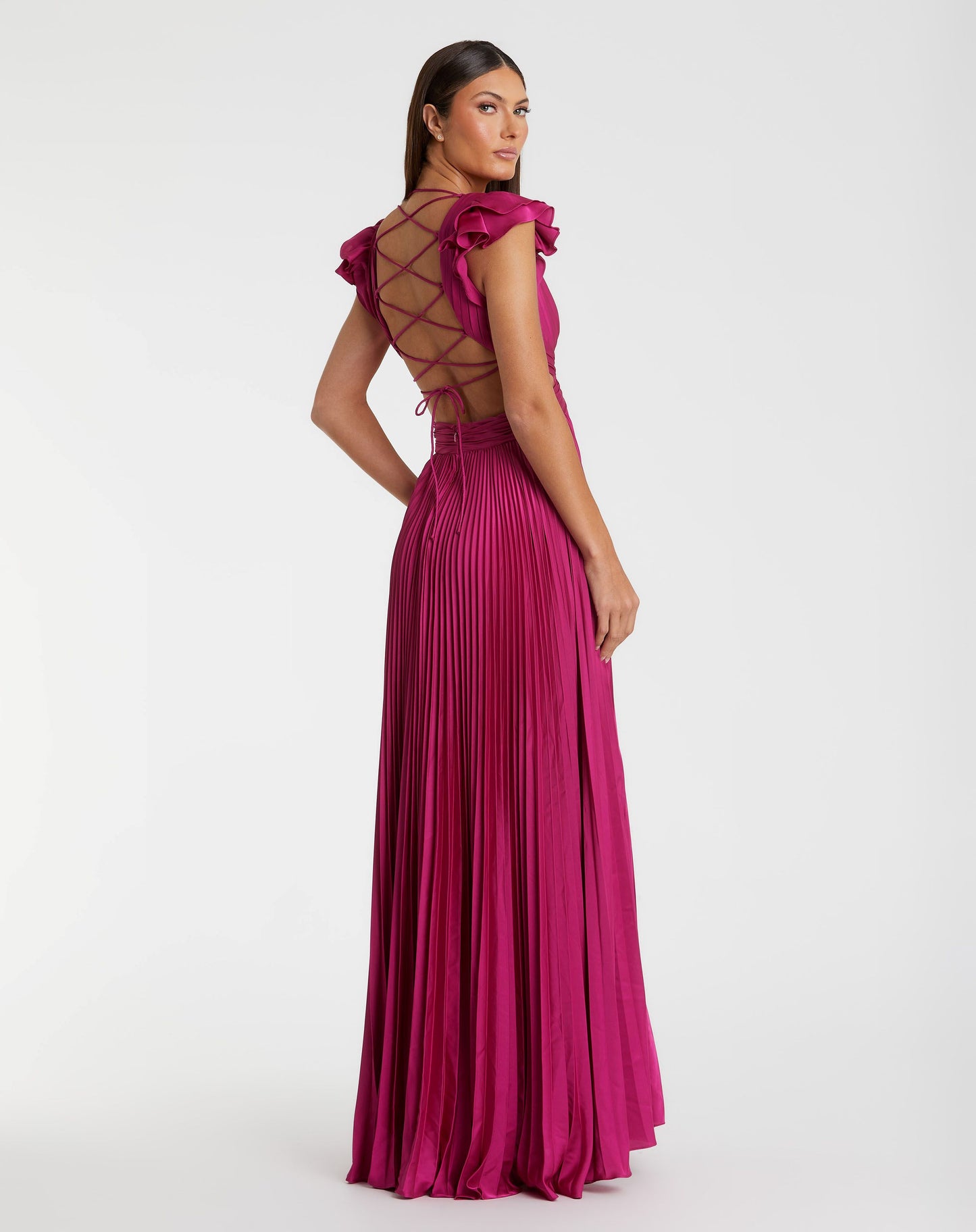 Pleated Ruffled Cap Sleeve Cut Out Lace Up Gown