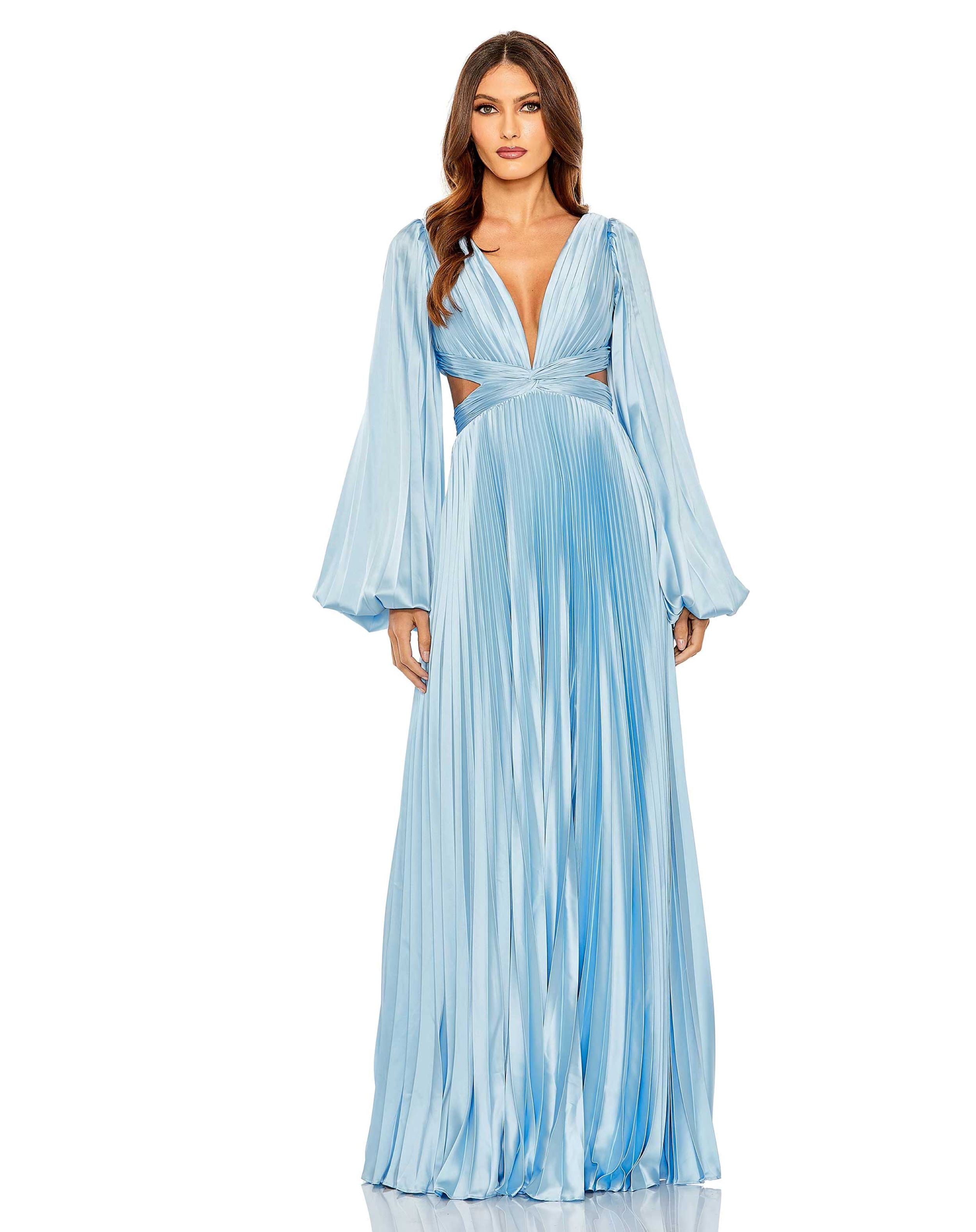 Long Sleeve Pleated Charmeuse Cut Out Gown