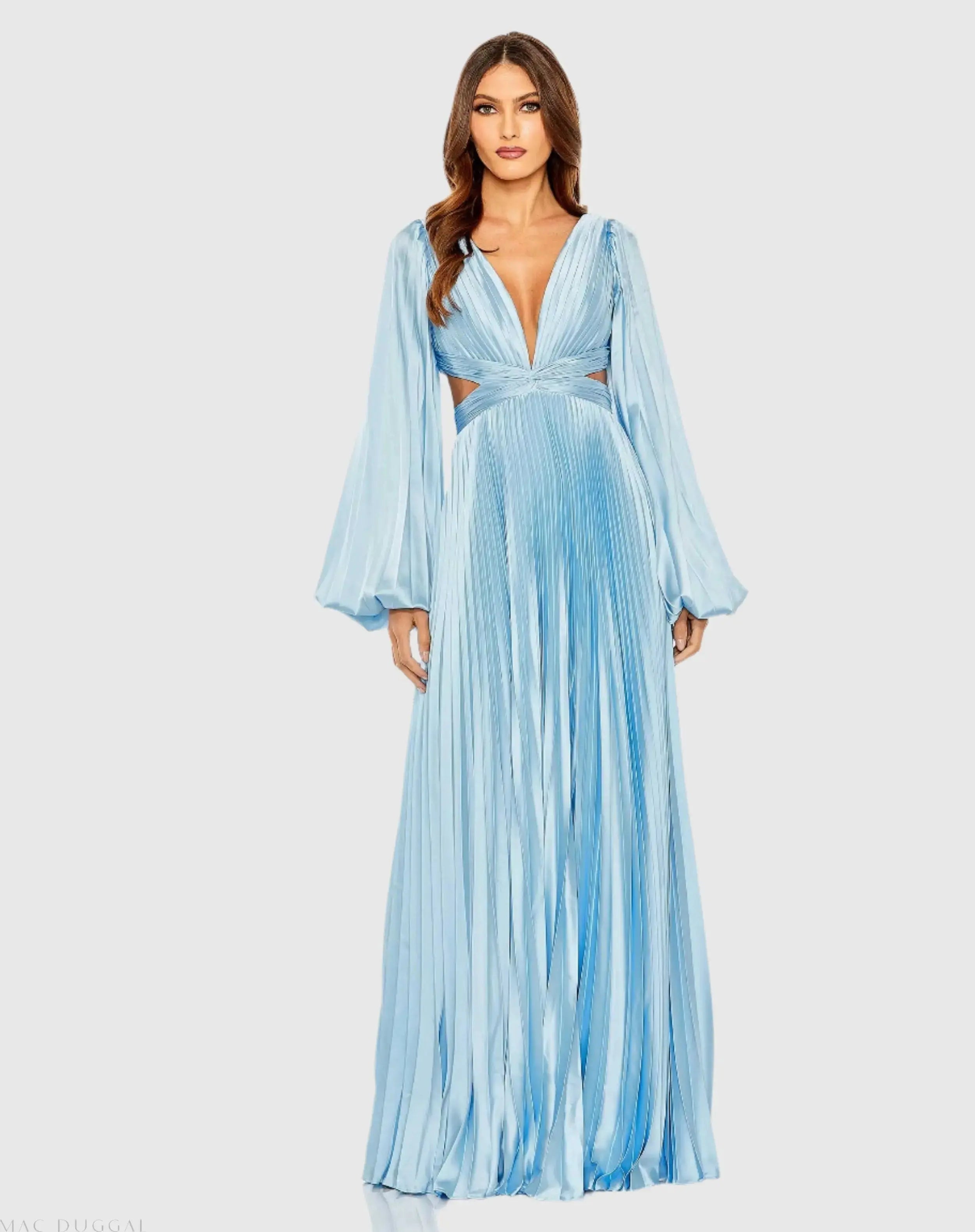 Blue Long Sleeve Pleated Charmeuse Cut Out Gown - Mac Duggal