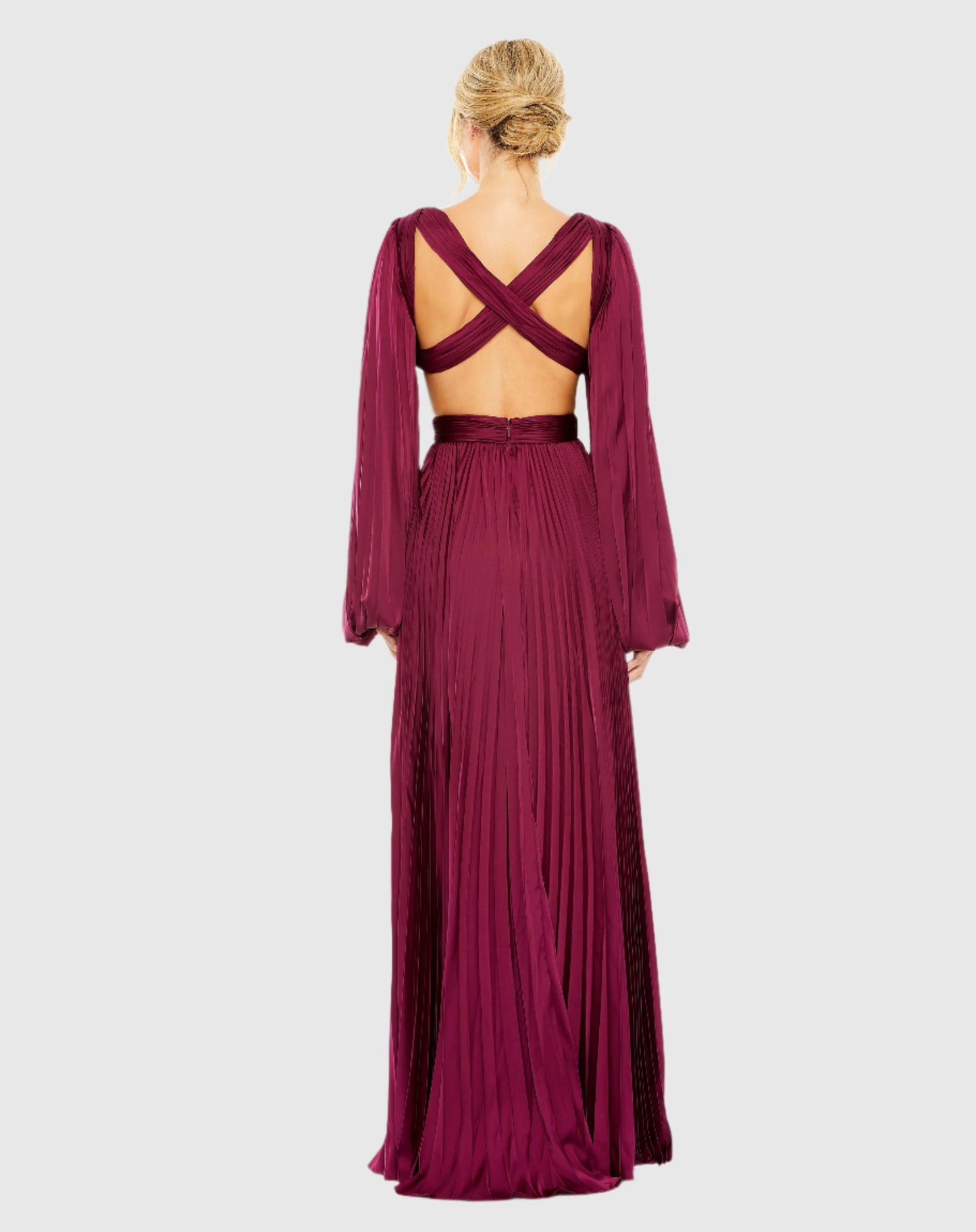 Long Sleeve Pleated Charmeuse Cut Out Gown