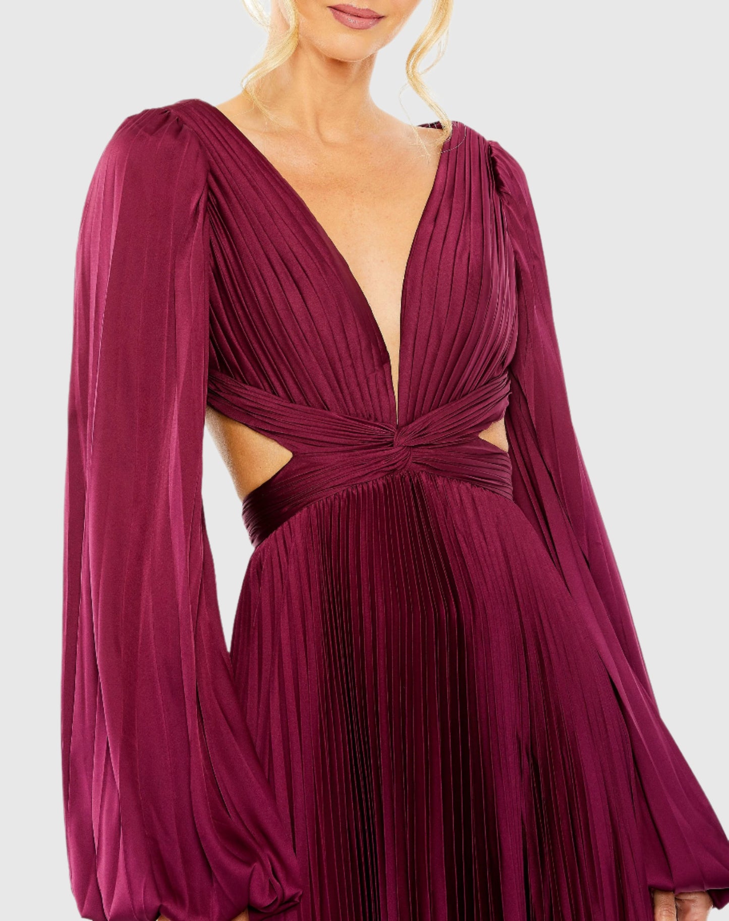 Long Sleeve Pleated Charmeuse Cut Out Gown