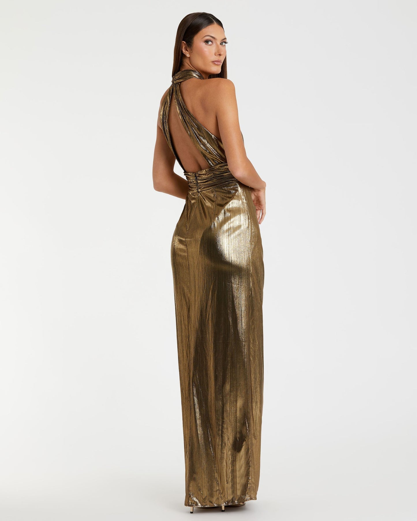 Metallic Criss Cross Halter Neck Gown