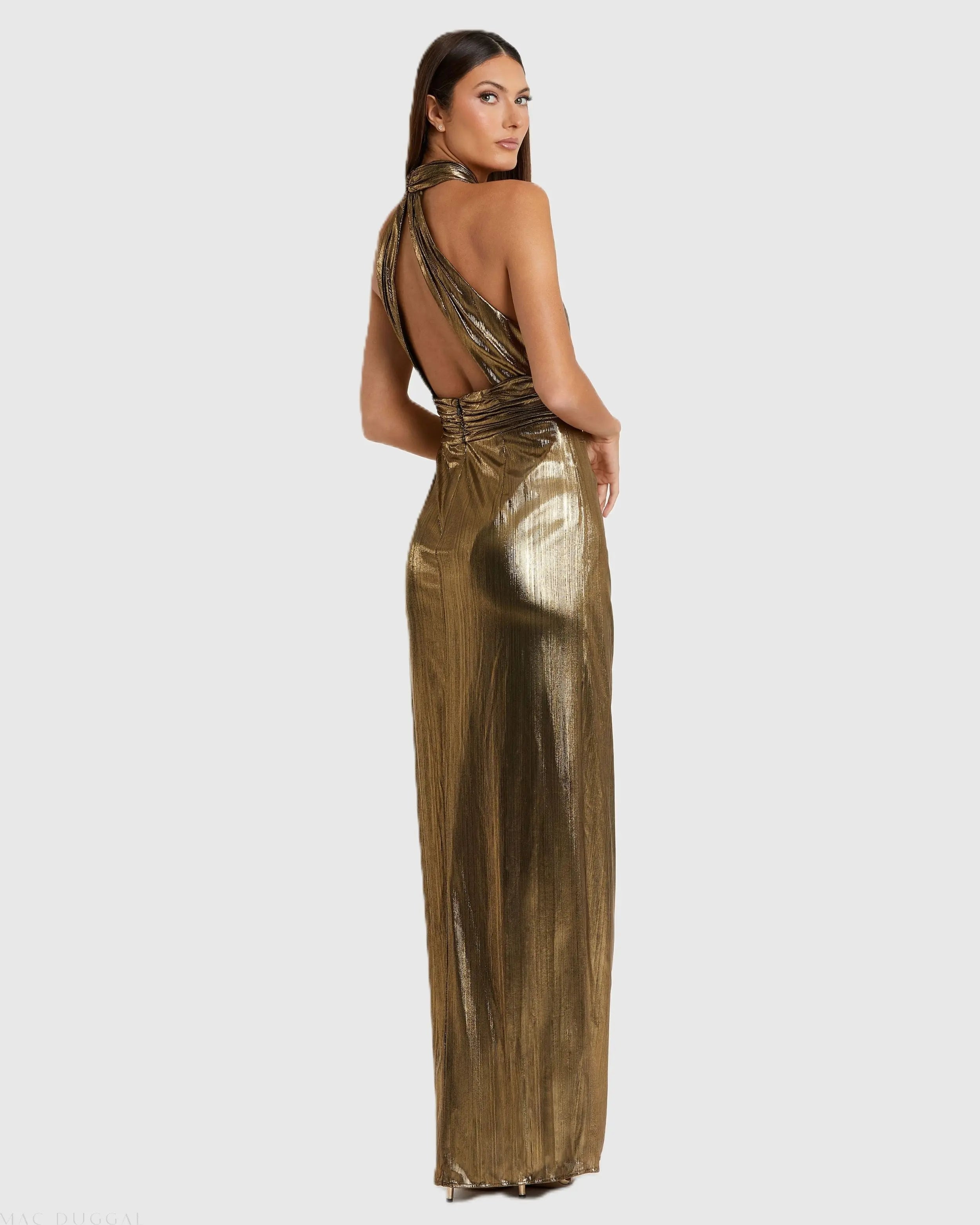 Gold Metallic Criss Cross Halter Neck Gown - Ieena for Mac Duggal