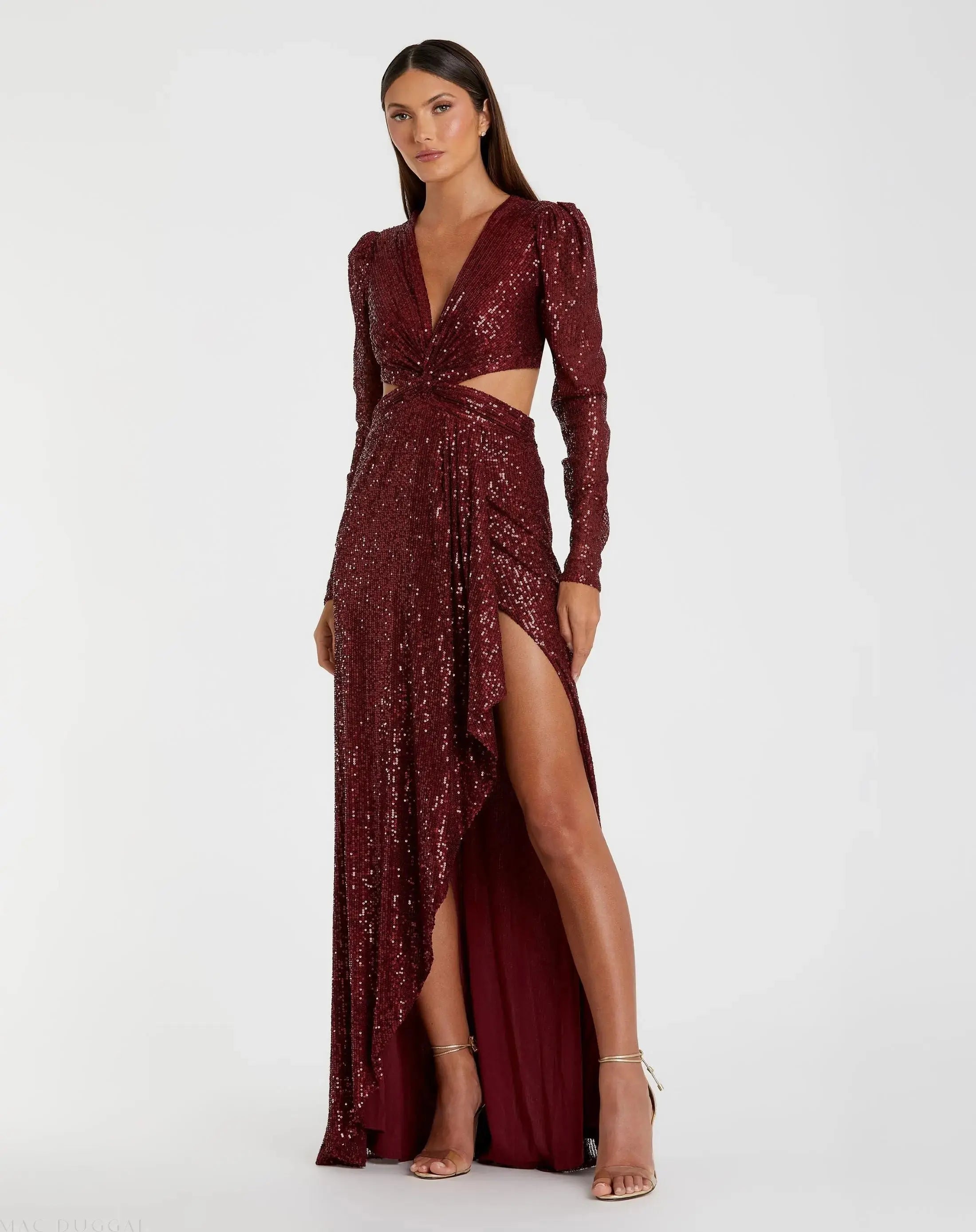 Red Sequined Criss Cross Long Sleeve Gown - Mac Duggal