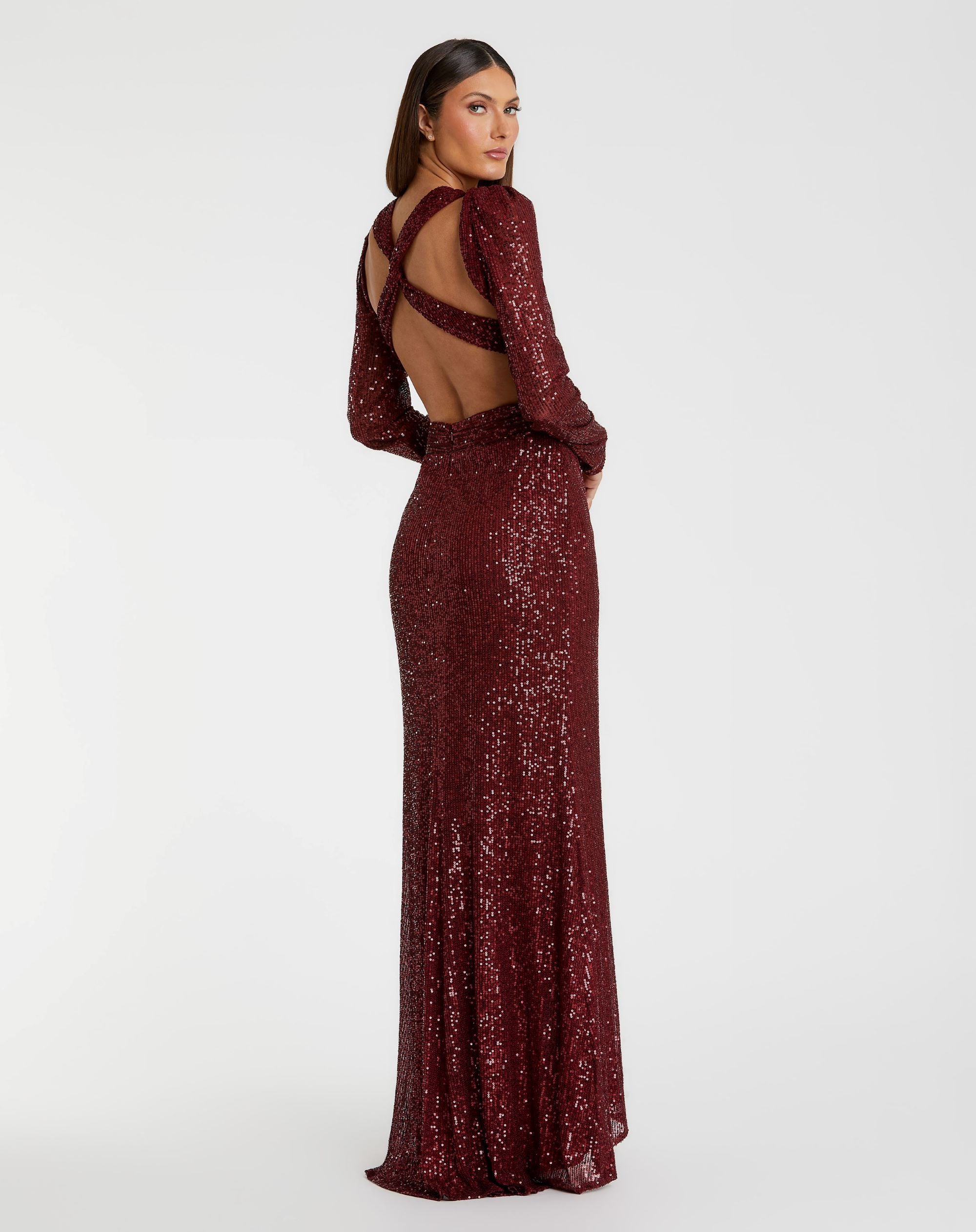 Sequined Criss Cross Long Sleeve Gown