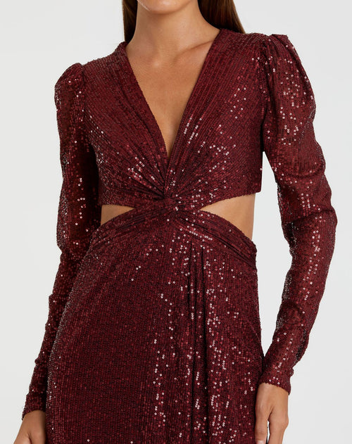 Sequined Criss Cross Long Sleeve Gown