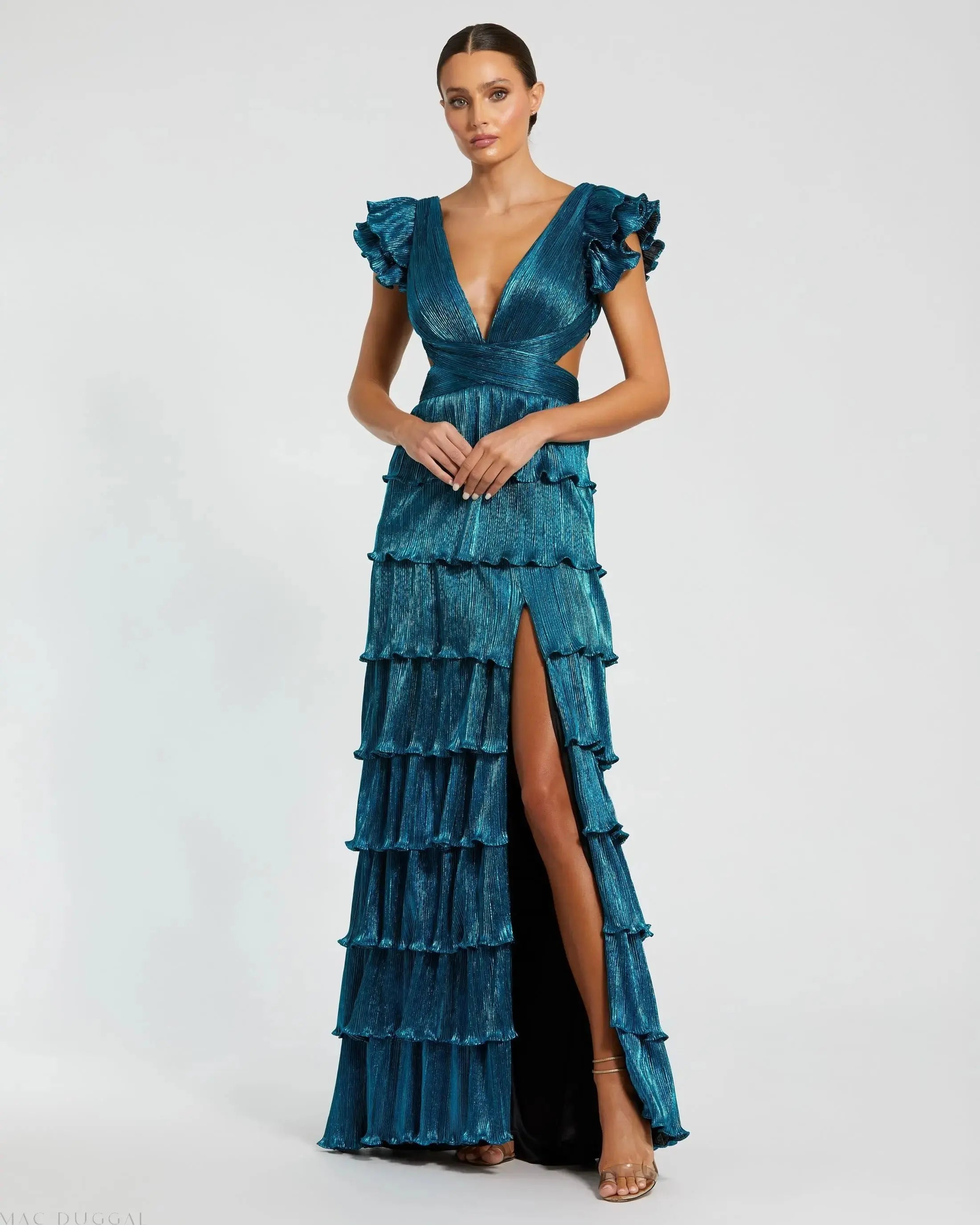 Blue Ruffle Tiered Criss Cross Lace Up Gown - Mac Duggal