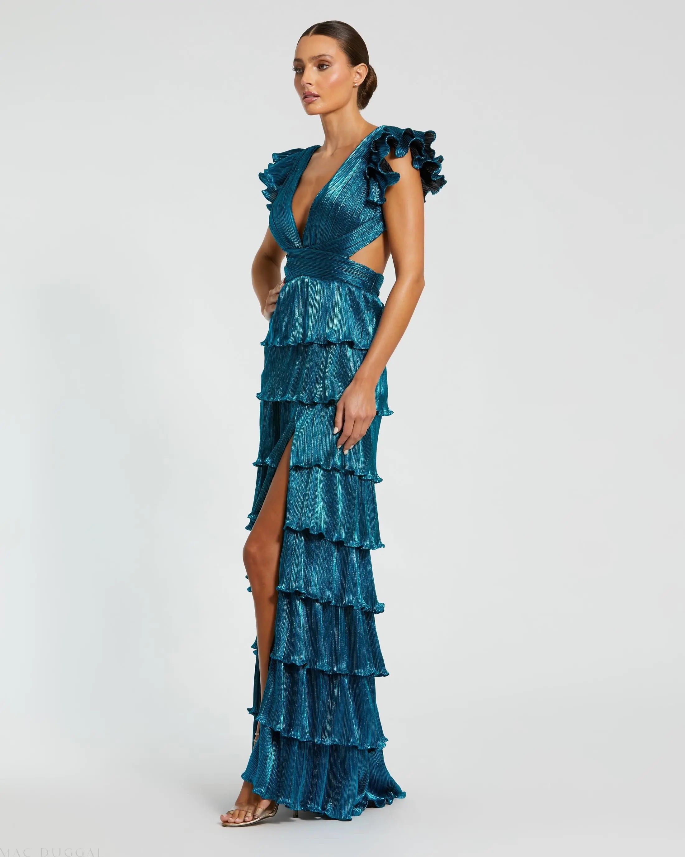 Blue Ruffle Tiered Criss Cross Lace Up Gown - Mac Duggal